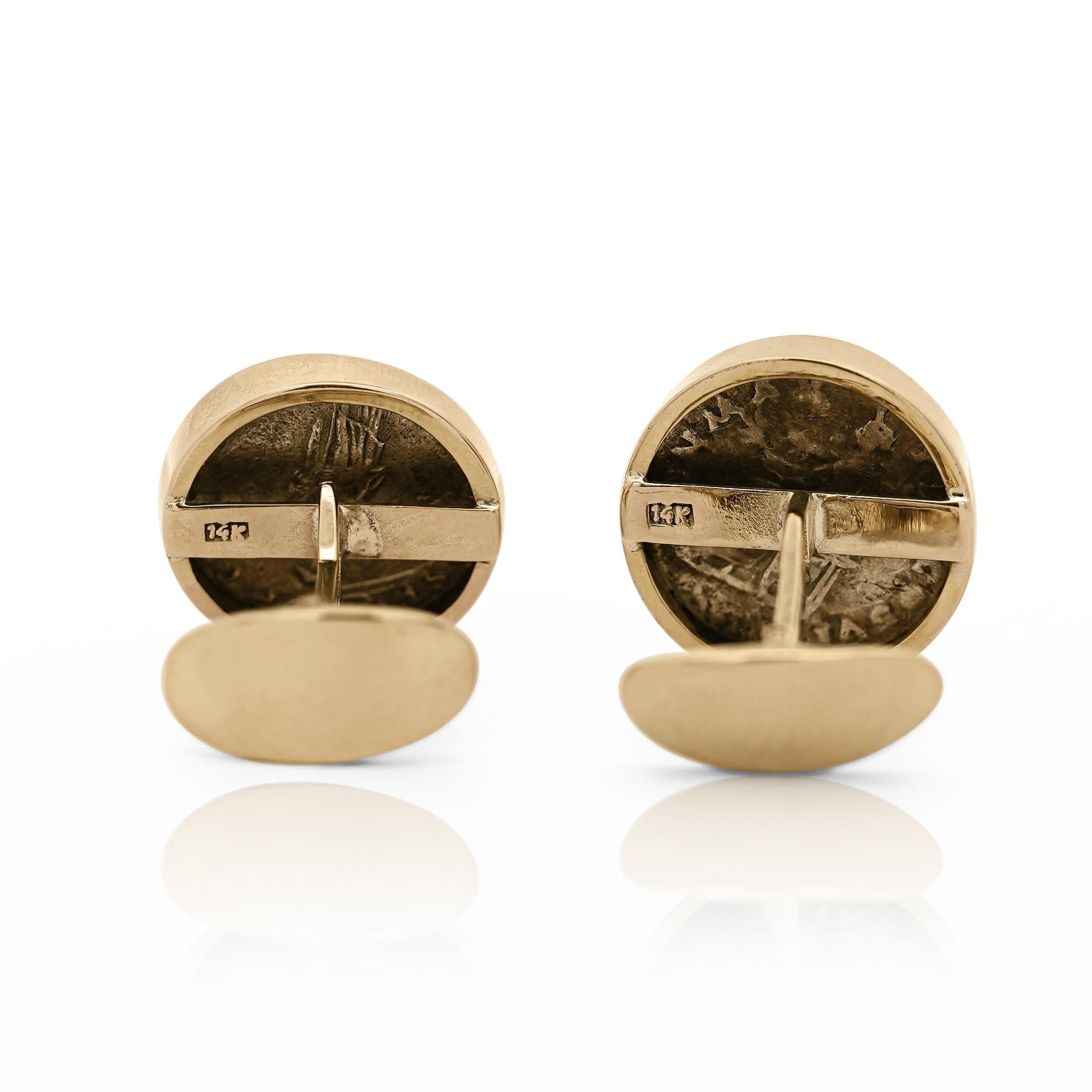 Men's Ancient Roman Coin Cufflinks Of Vespasian and Maiorianus in 14k Gold Frame For Sale