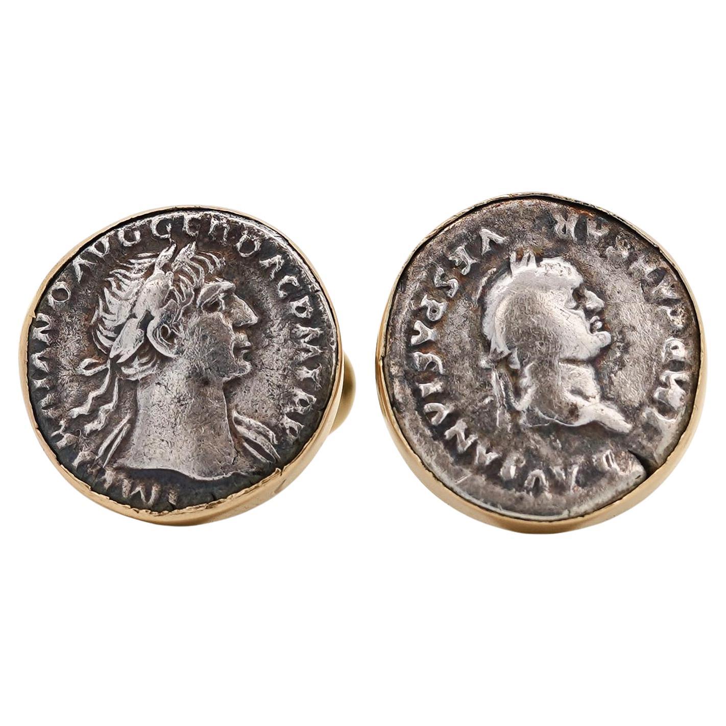 Ancient Roman Coin Cufflinks Of Vespasian and Maiorianus in 14k Gold Frame