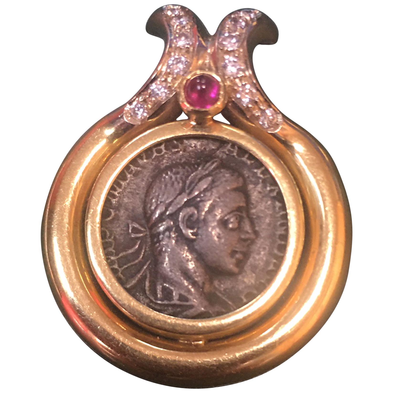 Ancient Roman Coin Diamond and Ruby Gold Pendant Estate Fine Jewelry For Sale