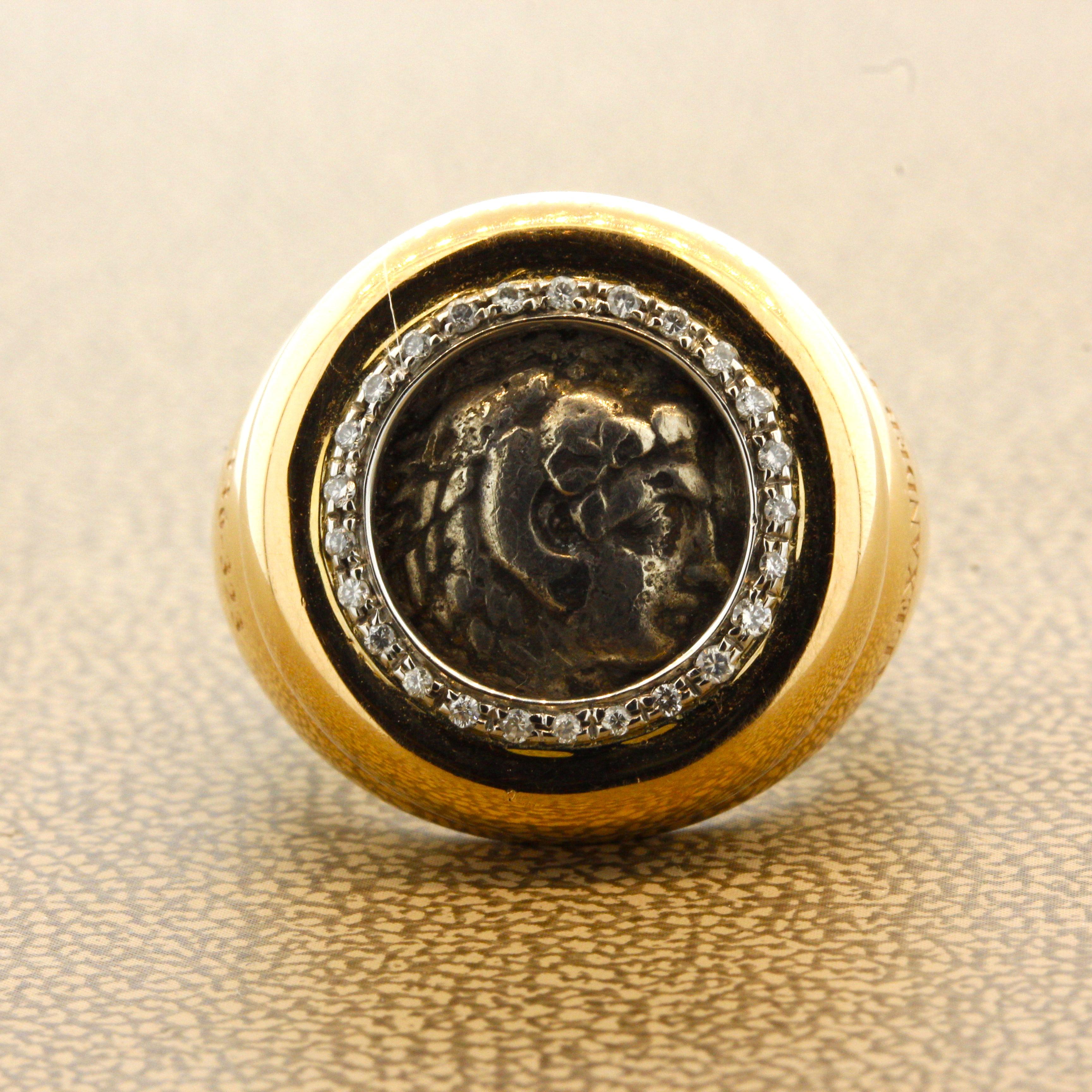 A piece of ancient history! This modern made gold ring features an ancient coin from the Roman empire almost 2,000 years old! It is from the time of Alexander the 3rd from the year 323 to 336. It is complemented by 0.14 carats of round brilliant-cut