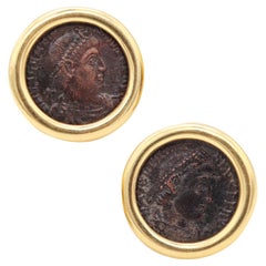 Antique Ancient Roman Coin Earrings in 18Kt Gold 306 337 AD Constantine Bronze Follies