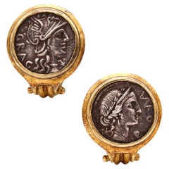 Boucles d'oreilles de monnaie romaine ancienne Denarius en or jaune 18 carats et argent 136-114 av. J.-C.