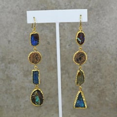 Ancient Roman Coin, Opal & Aquamarine 22 Karat Gold Asymmetrical Dangle Earrings