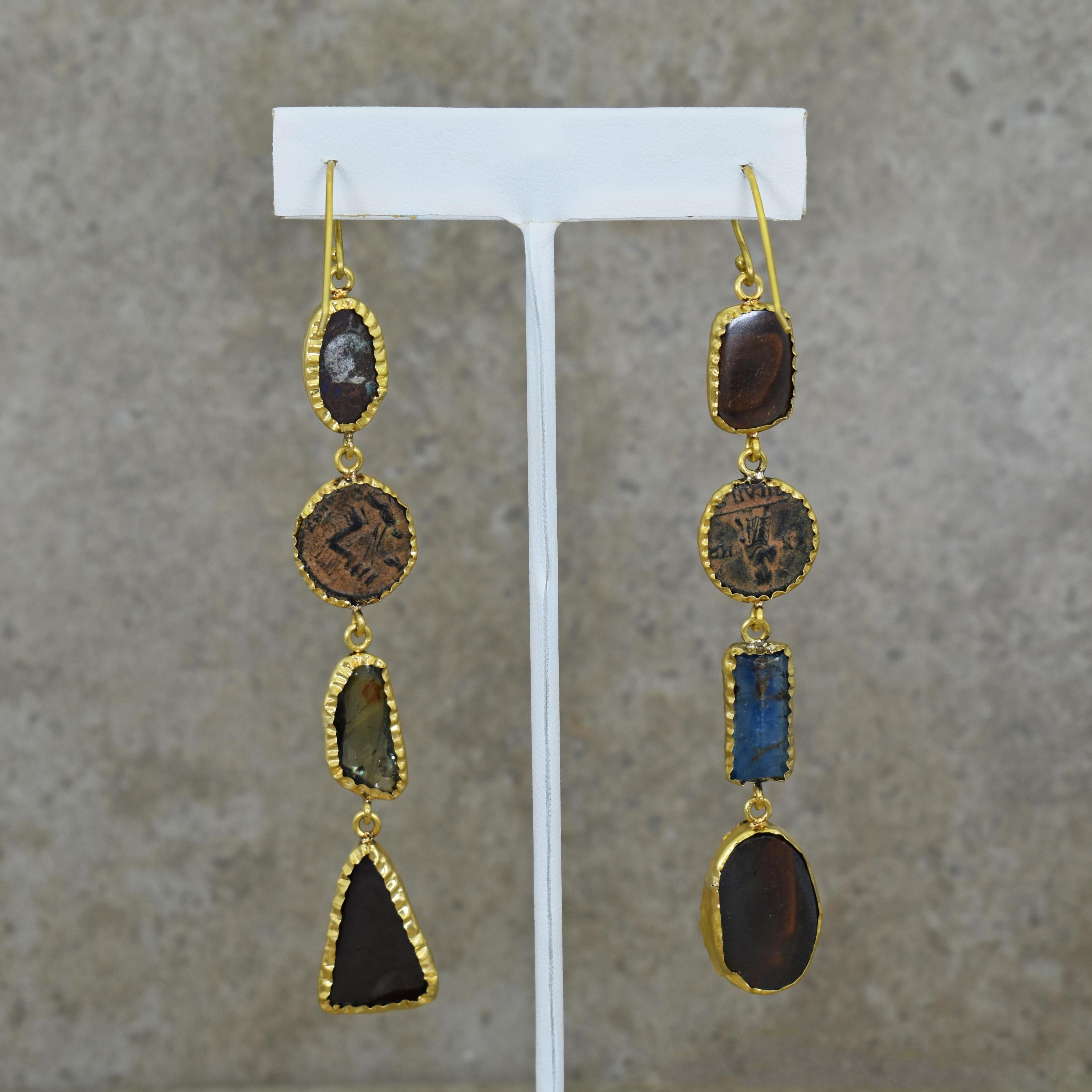 Rose Cut Ancient Roman Coin, Opal & Aquamarine 22 Karat Gold Asymmetrical Dangle Earrings For Sale