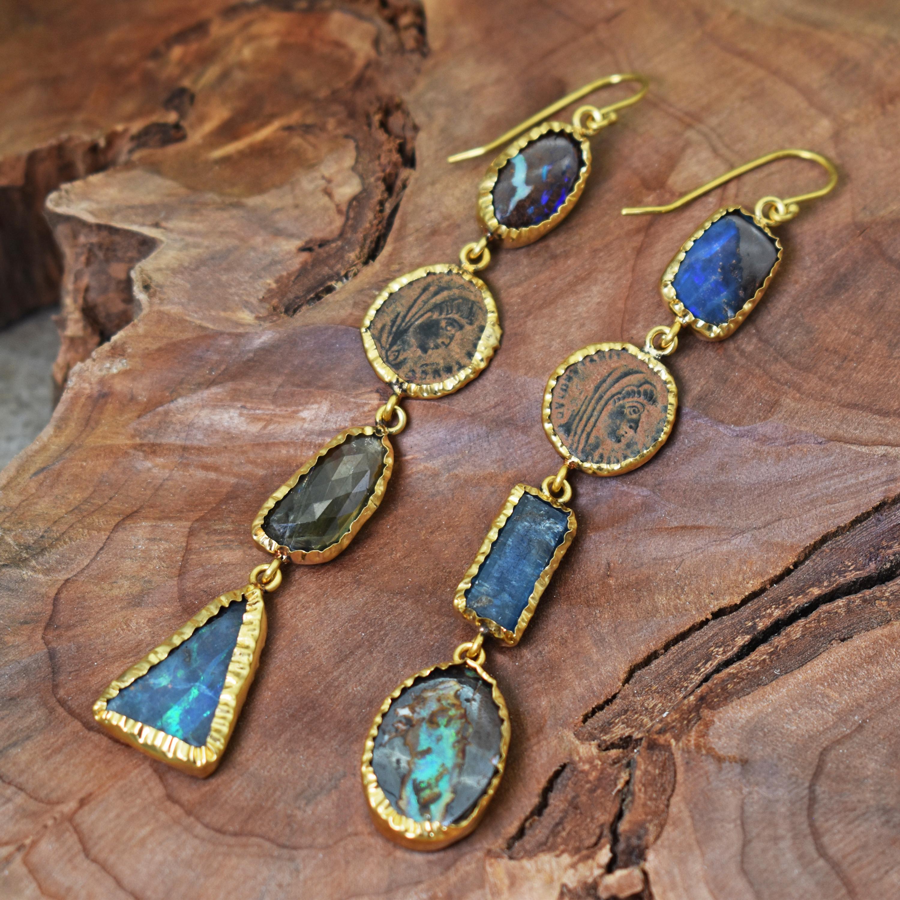 Ancient Roman Coin, Opal & Aquamarine 22 Karat Gold Asymmetrical Dangle Earrings In New Condition For Sale In Naples, FL