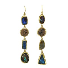 Ancient Roman Coin, Opal & Aquamarine 22 Karat Gold Asymmetrical Dangle Earrings