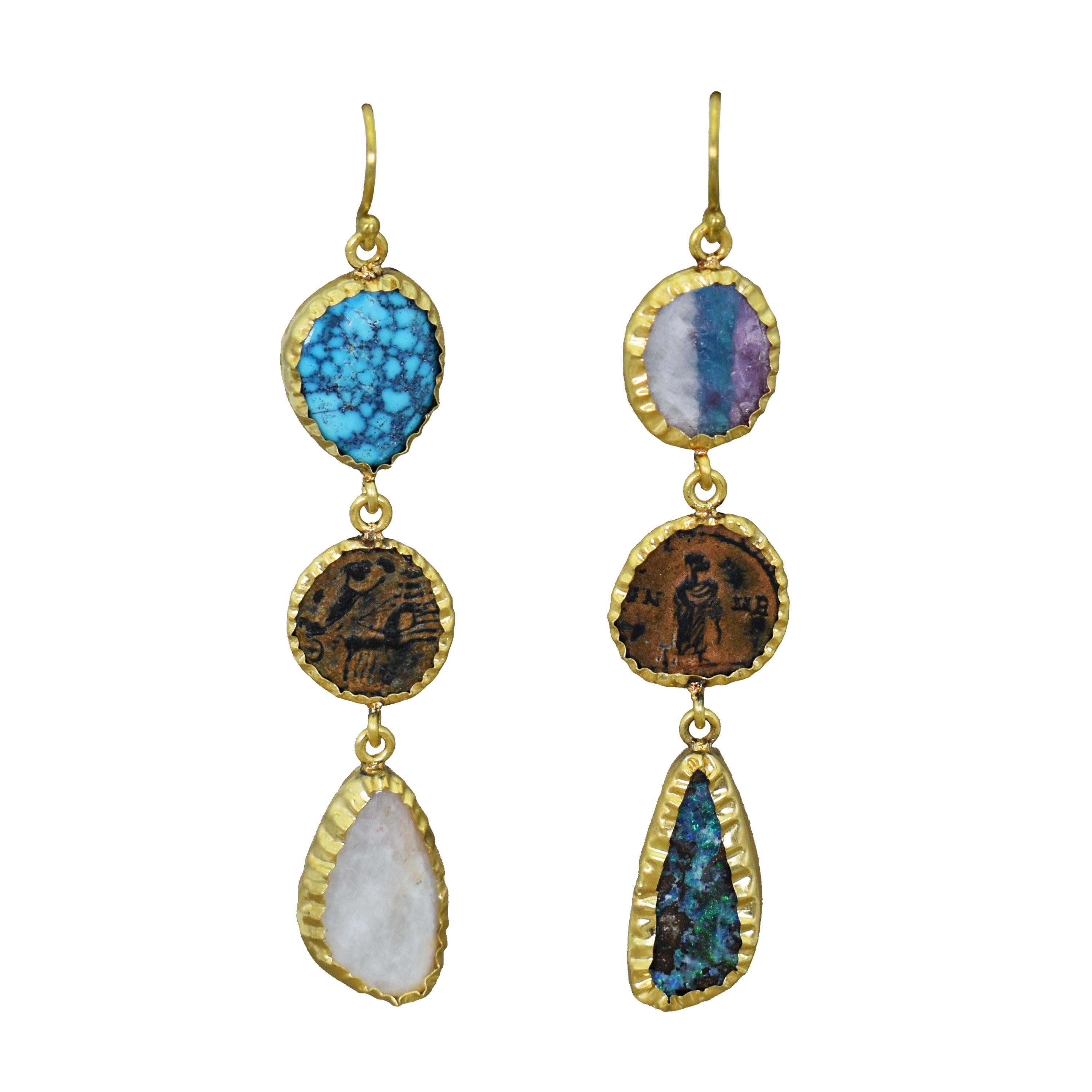 Ancient Roman Coin, Opal & Turquoise 22 Karat Gold Asymmetrical Dangle Earrings