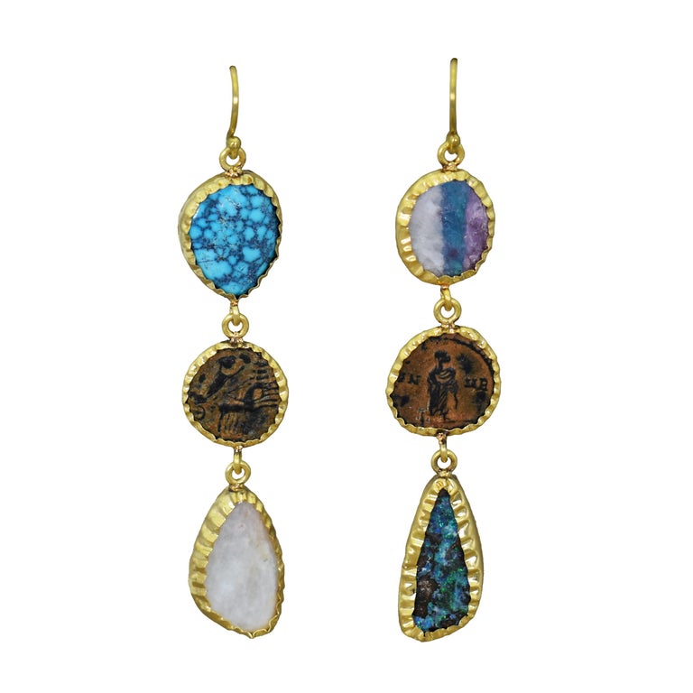 Ancient Roman Coin, Opal & Turquoise 22 Karat Gold Asymmetrical Dangle Earrings For Sale