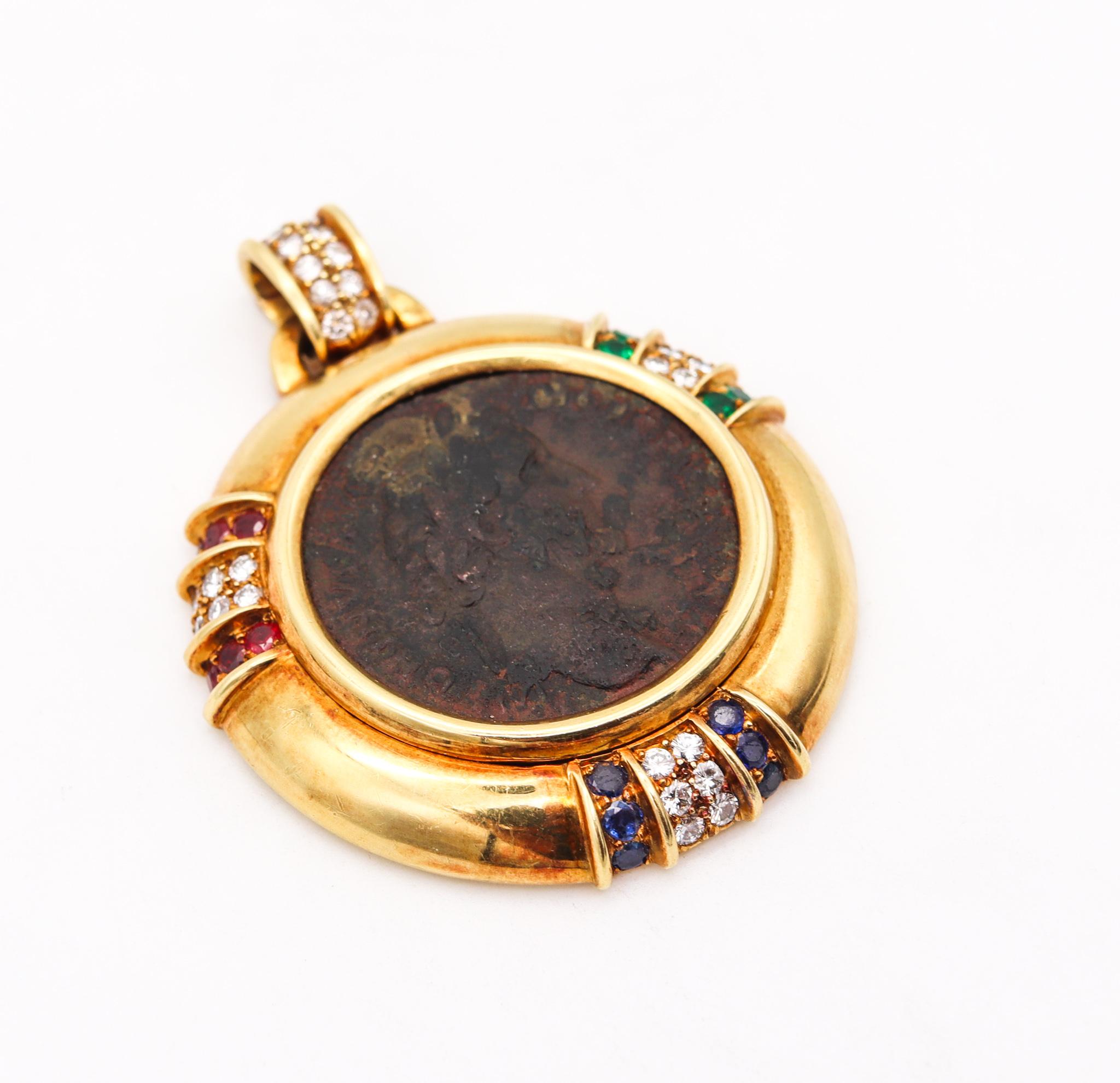 Classical Roman Ancient Roman Coin Pendant in 18Kt Gold with 3.97 Ctw in Diamonds and Gemstones For Sale
