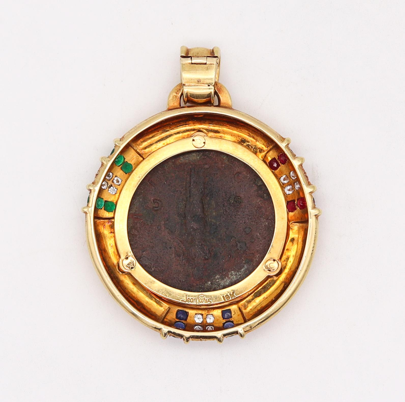 Brilliant Cut Ancient Roman Coin Pendant in 18Kt Gold with 3.97 Ctw in Diamonds and Gemstones For Sale