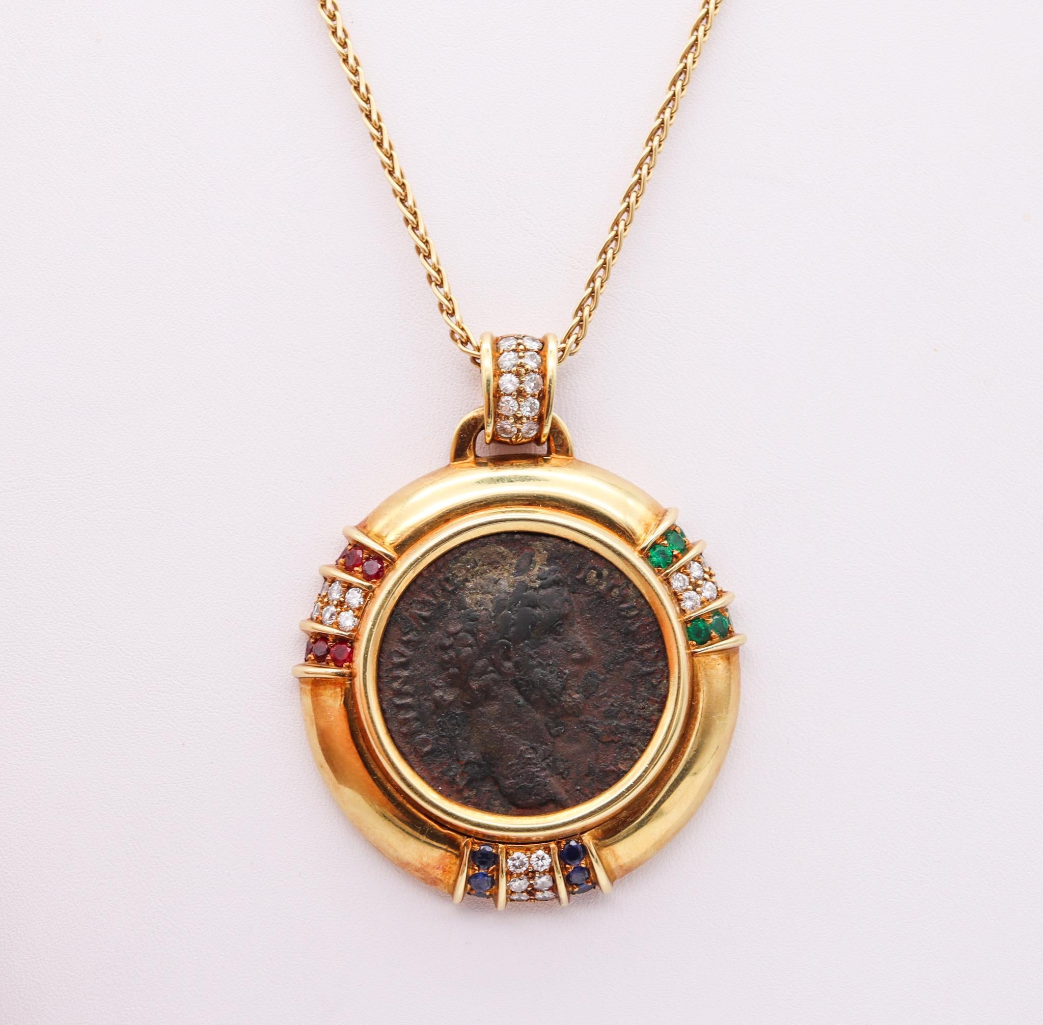 Ancient Roman Coin Pendant in 18Kt Gold with 3.97 Ctw in Diamonds and Gemstones For Sale 1