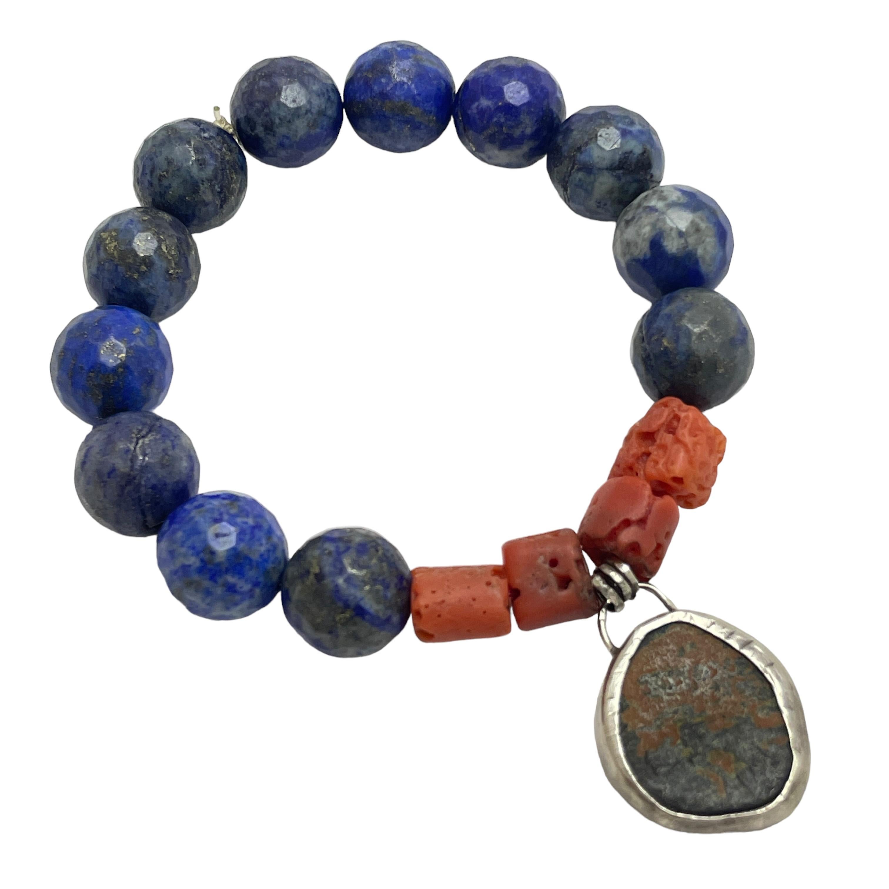 DETAILS

• unsigned

• Ancient Roman authentic coin

• sterling silver 925 tested bezel

• natural italian red coral

• blue lapis beads

• elastic stretchy designer bracelet

MEASUREMENTS  

• will fit up to 7.5” wrist

CONDITION

•  very good