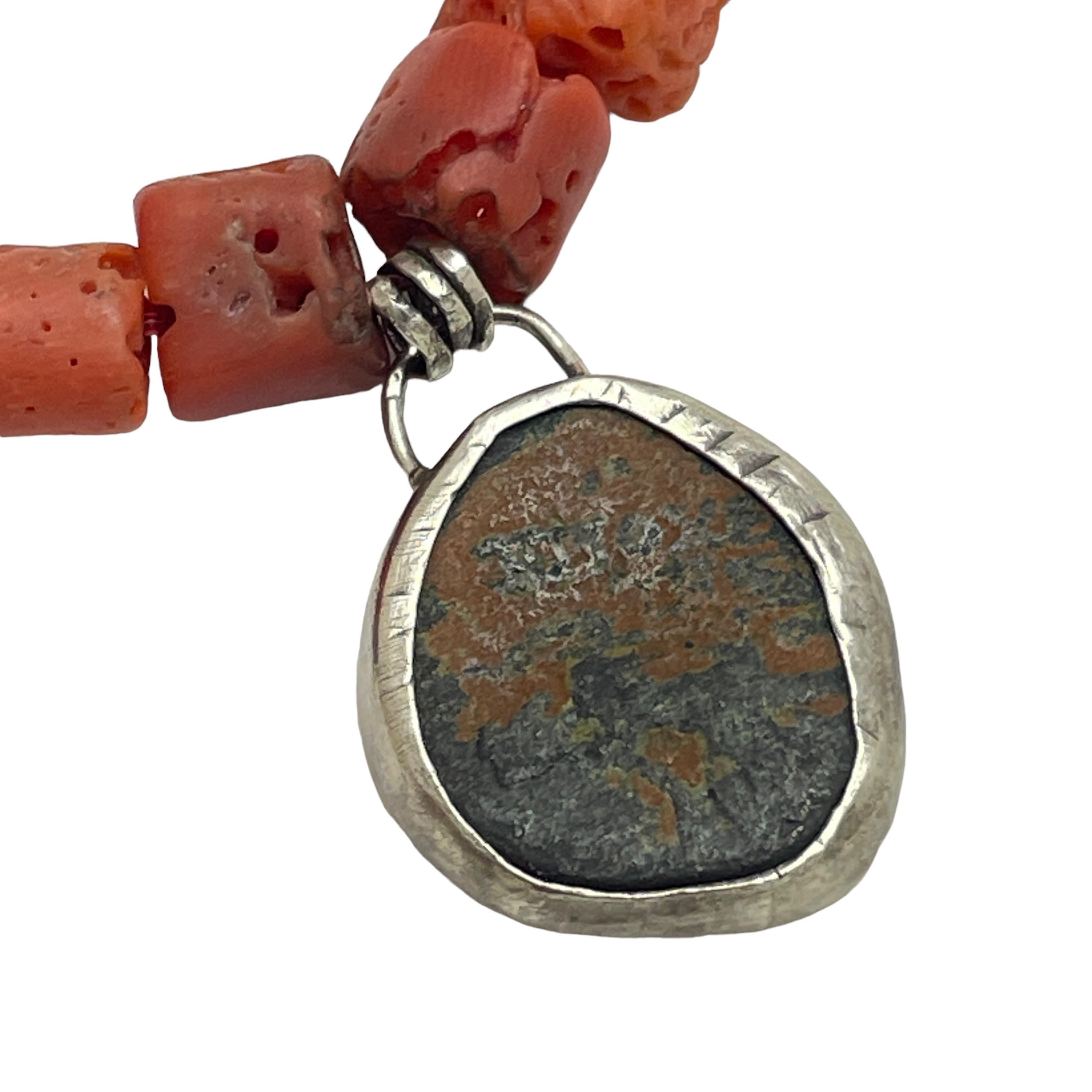 Bead Ancient Roman coin sterling bezel charm red coral blue lapis beaded bracelet For Sale