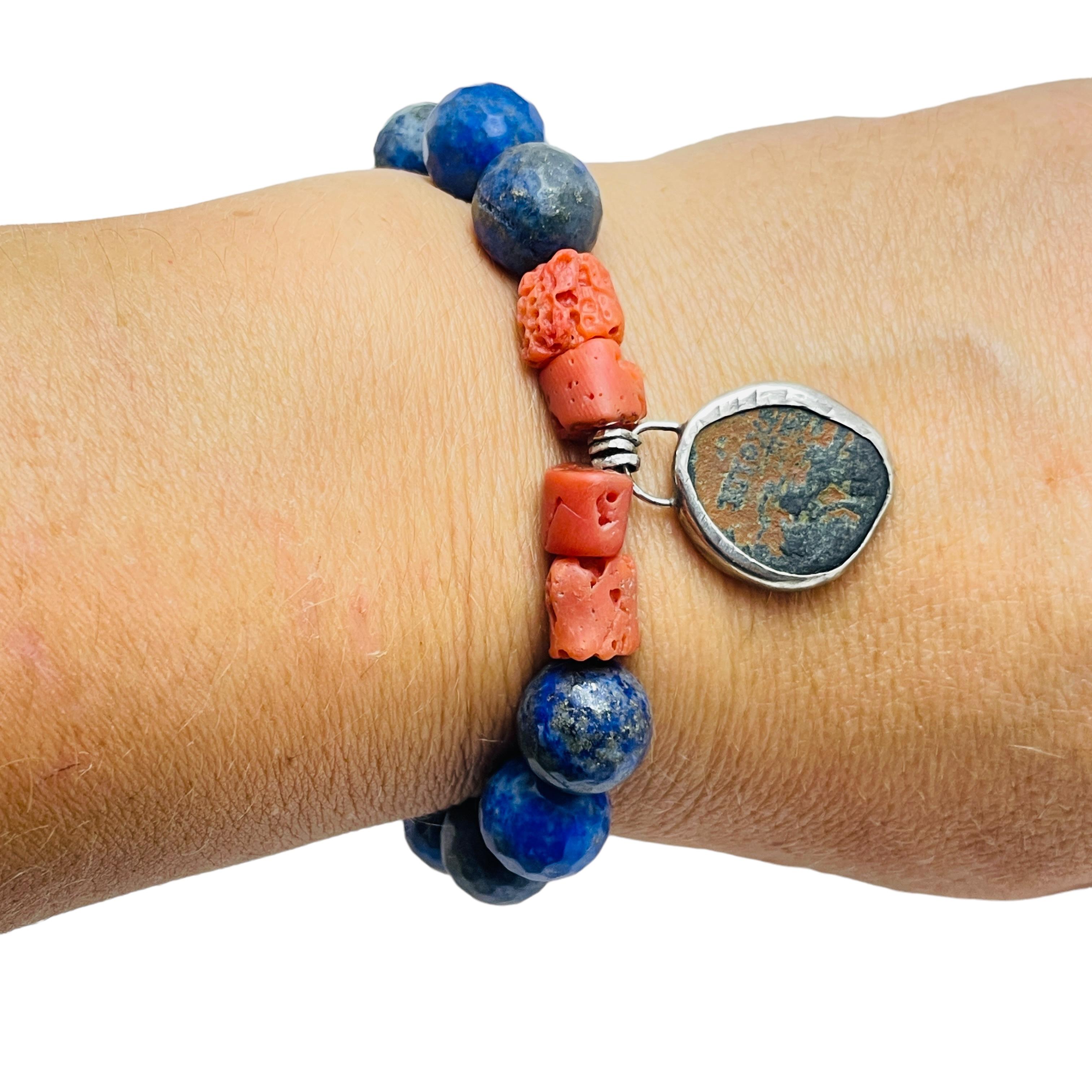 Women's Ancient Roman coin sterling bezel charm red coral blue lapis beaded bracelet For Sale