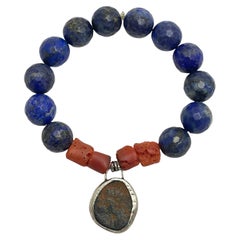 Ancient Roman coin sterling bezel charm red coral blue lapis beaded bracelet