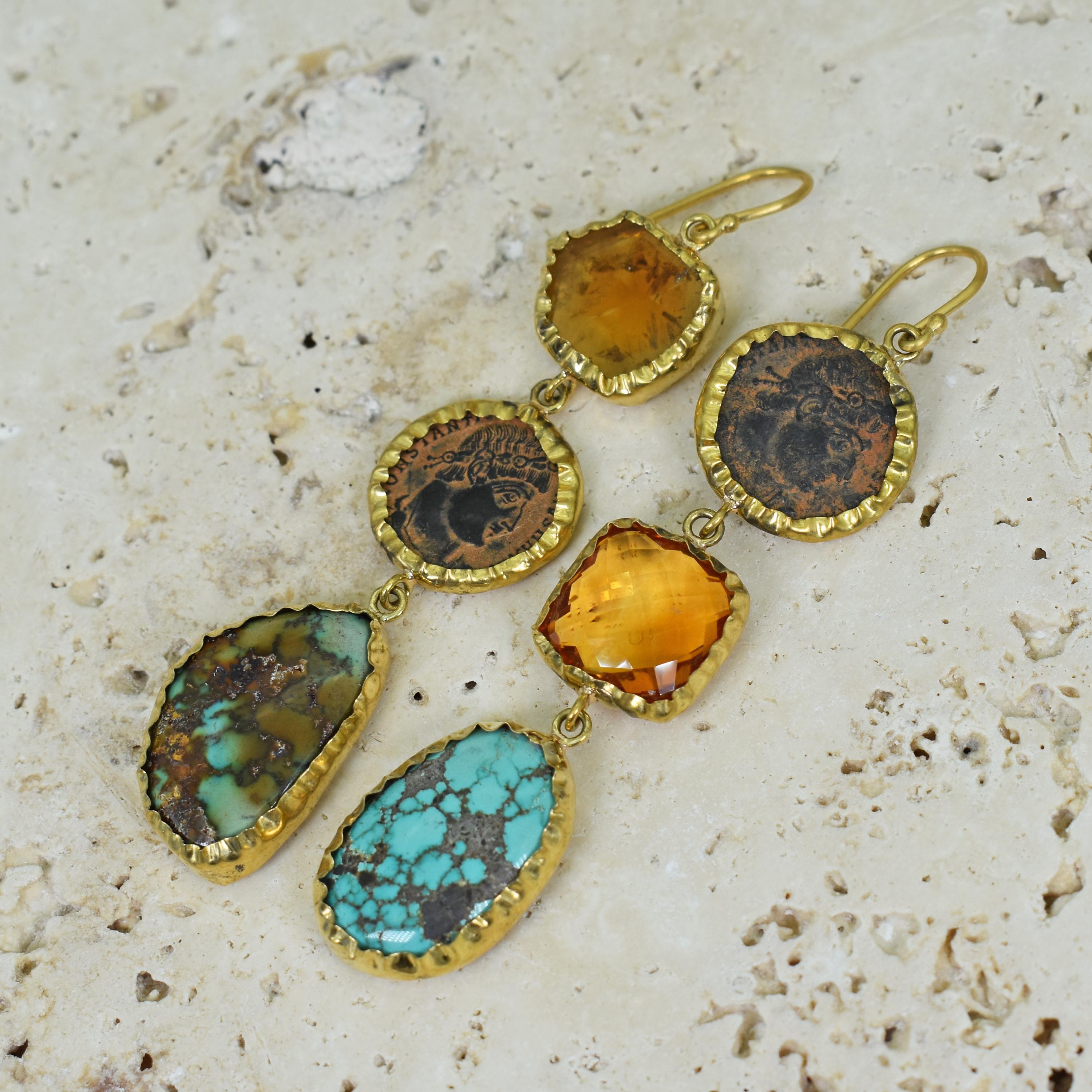 Multi-gemstone, 3-tier 22k yellow gold dangle earrings featuring a yellow Tourmaline slice, authentic ancient Roman bronze coins (Constantine the Great, GLORIA EXERCITVS, 307-337 AD), Citrine and green to blue tone American Turquoise (Royston and