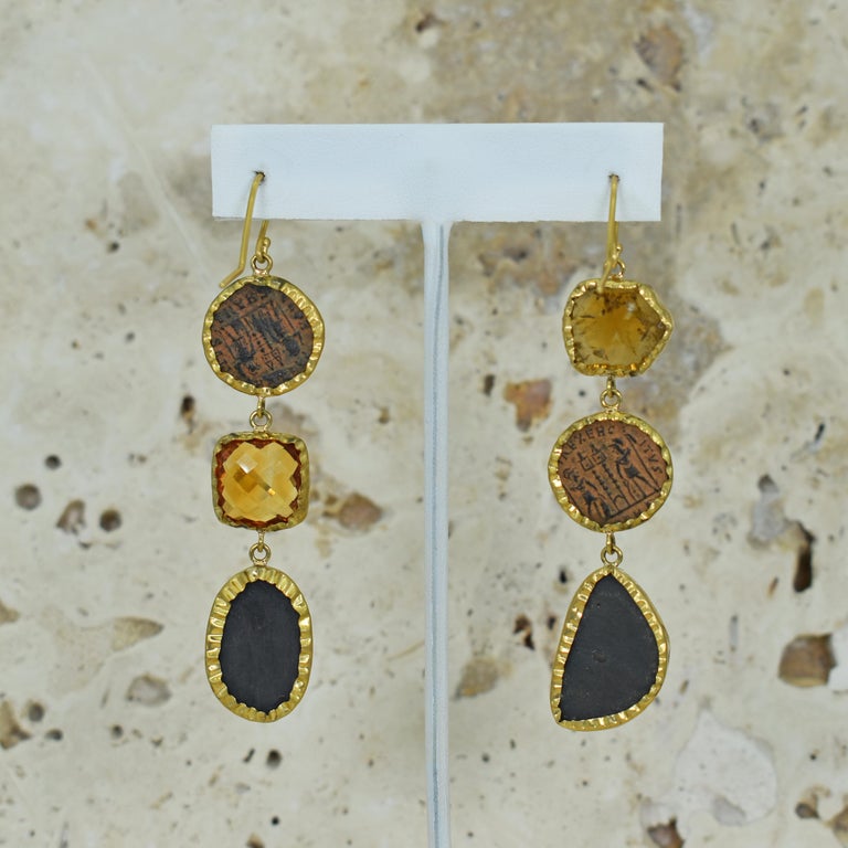 Ancient Roman Coin, Turquoise and Citrine 22 Karat Gold Dangle Earrings In New Condition For Sale In Naples, FL