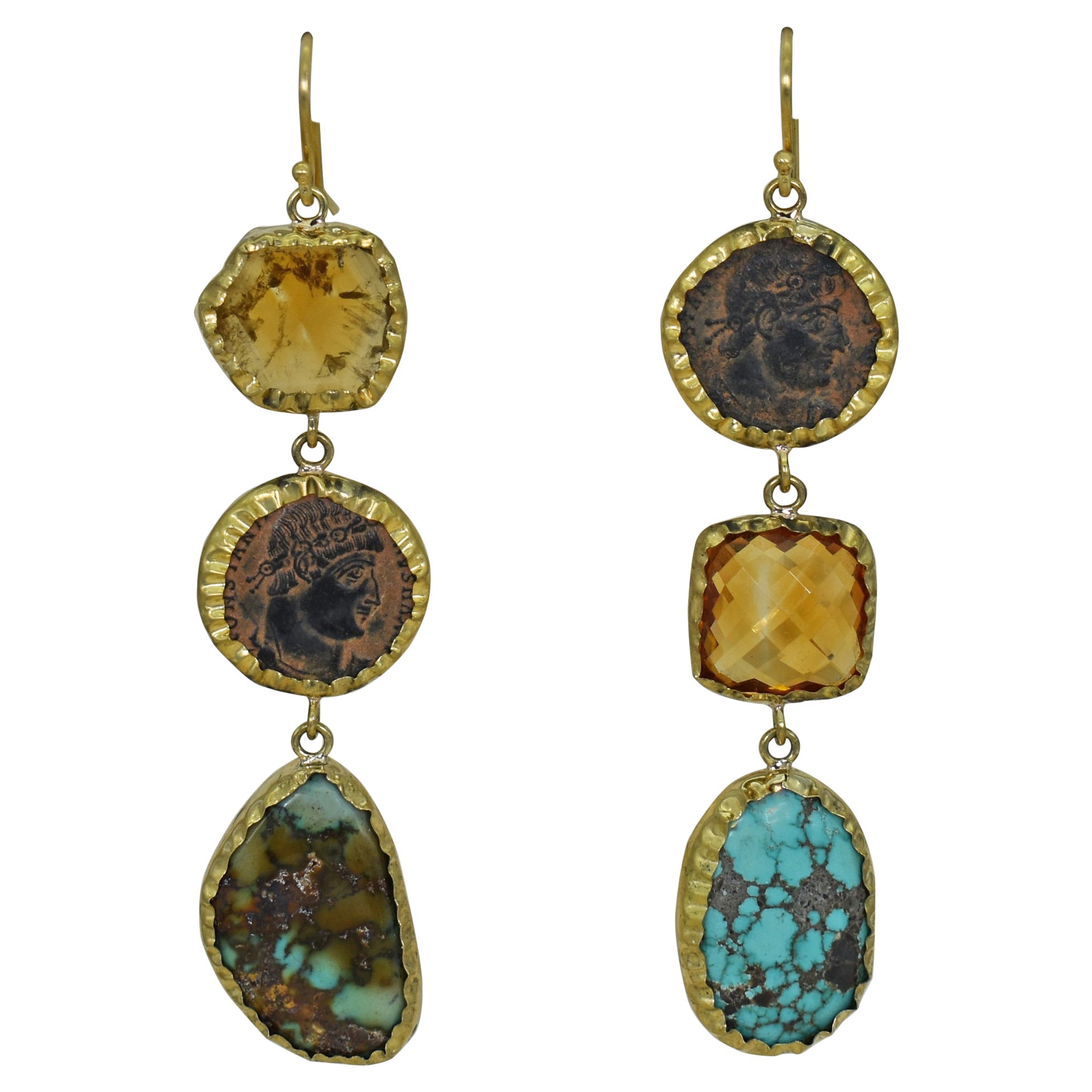 Ancient Roman Coin, Turquoise and Citrine 22 Karat Gold Dangle Earrings