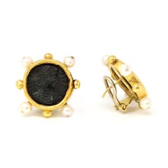 Ancient Roman Coins and Pearls Clip-On Earrings in High Karat Gold