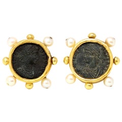 Ancient Roman Coins and Pearls Clip-On Earrings in High Karat Gold