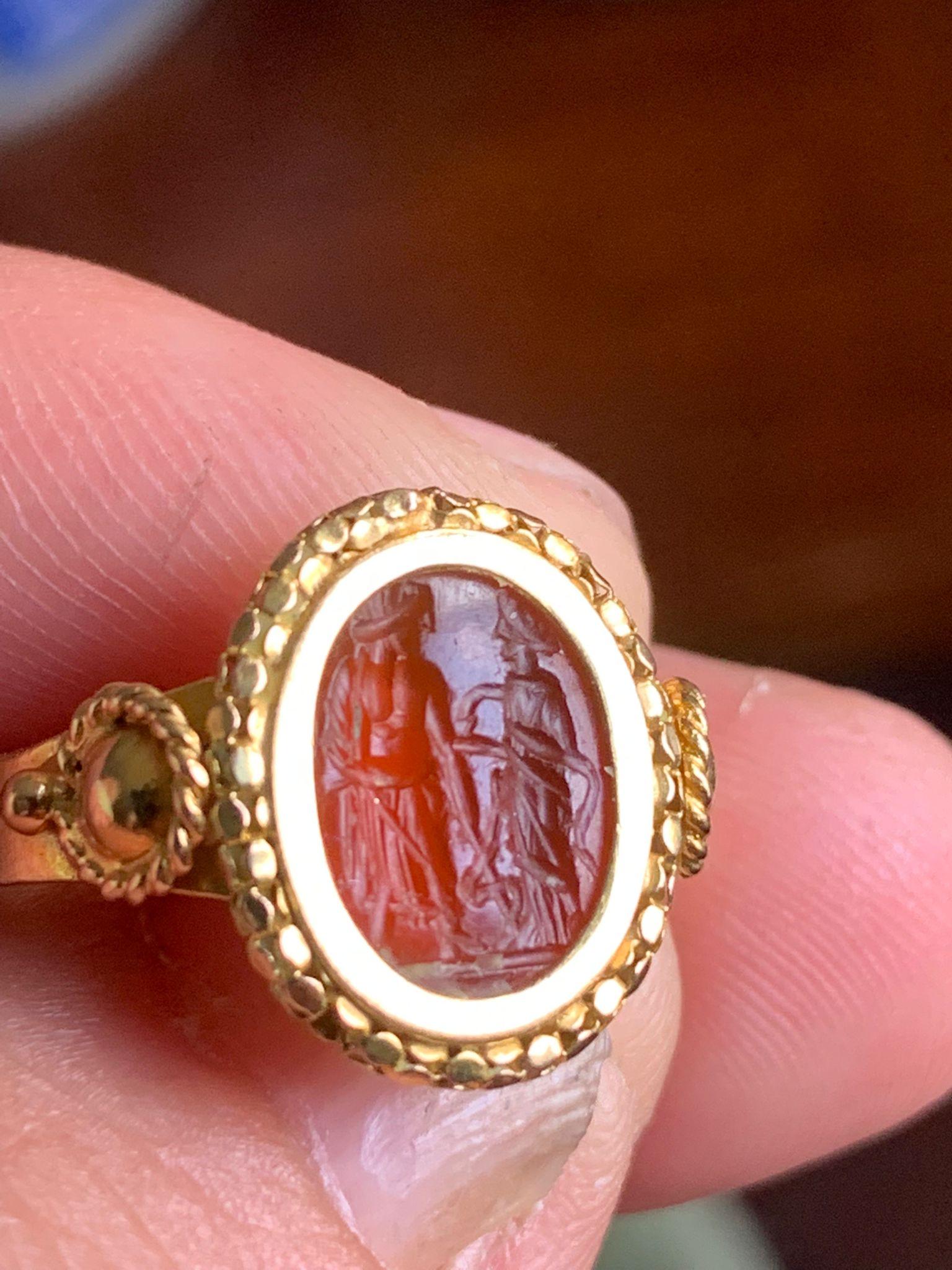 Classical Roman Ancient Roman Asclepius and Hygeia Intaglio Ring Circa 2nd Century AD