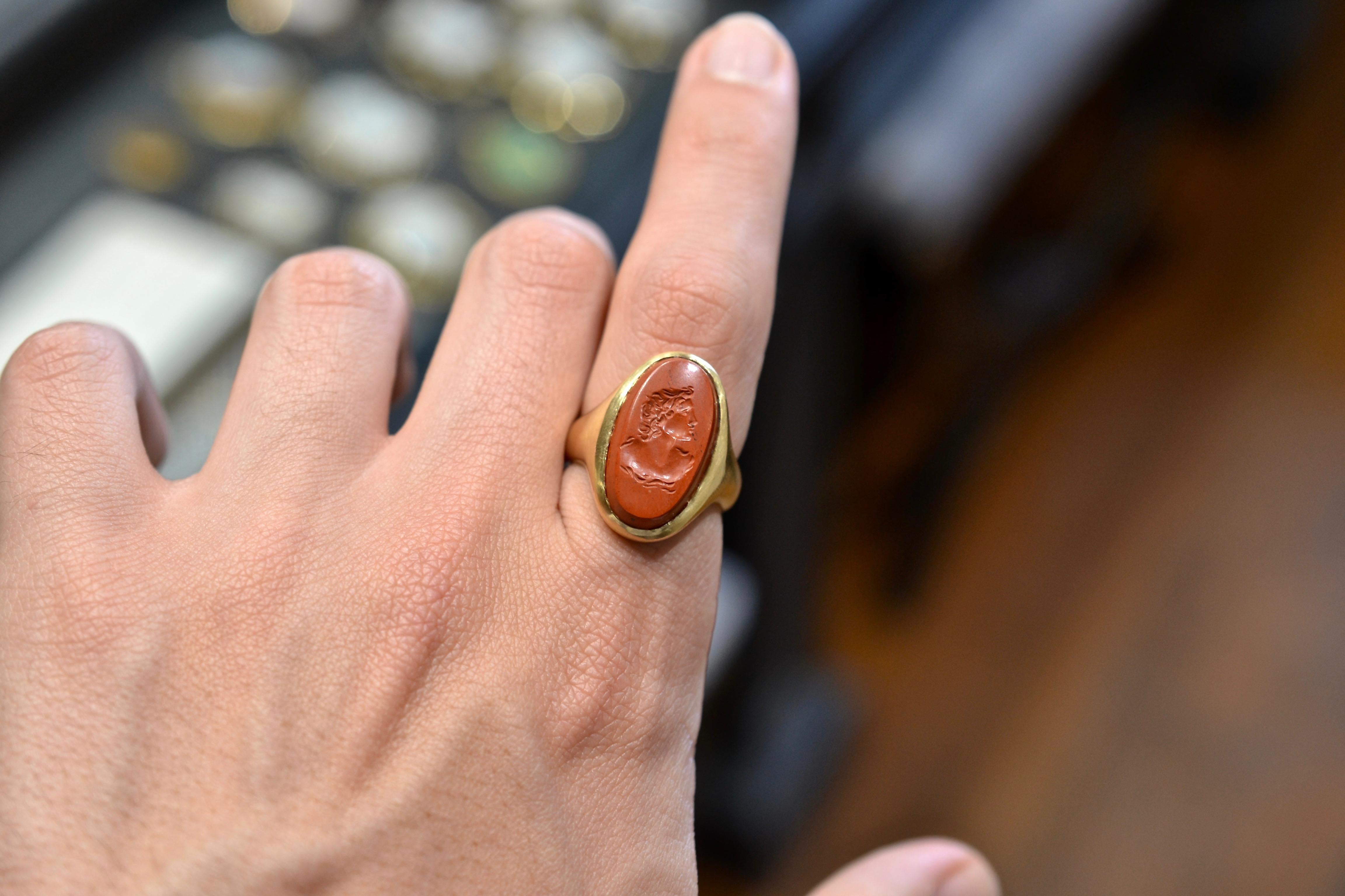 Women's or Men's Ancient Roman First Century AD Red Jasper Intaglio of Apollo Men's Ring For Sale