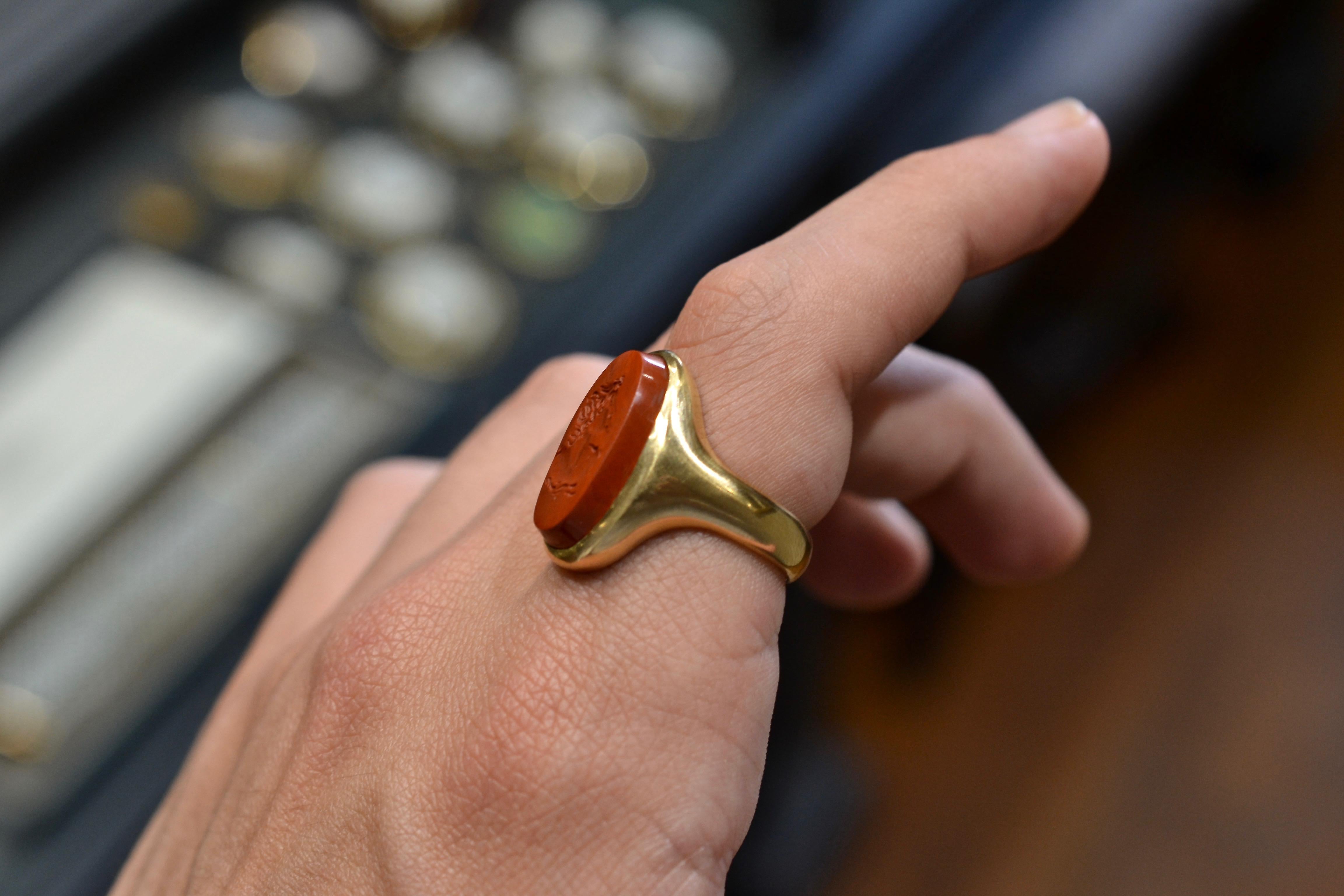 Ancient Roman First Century AD Red Jasper Intaglio of Apollo Men's Ring For Sale 1