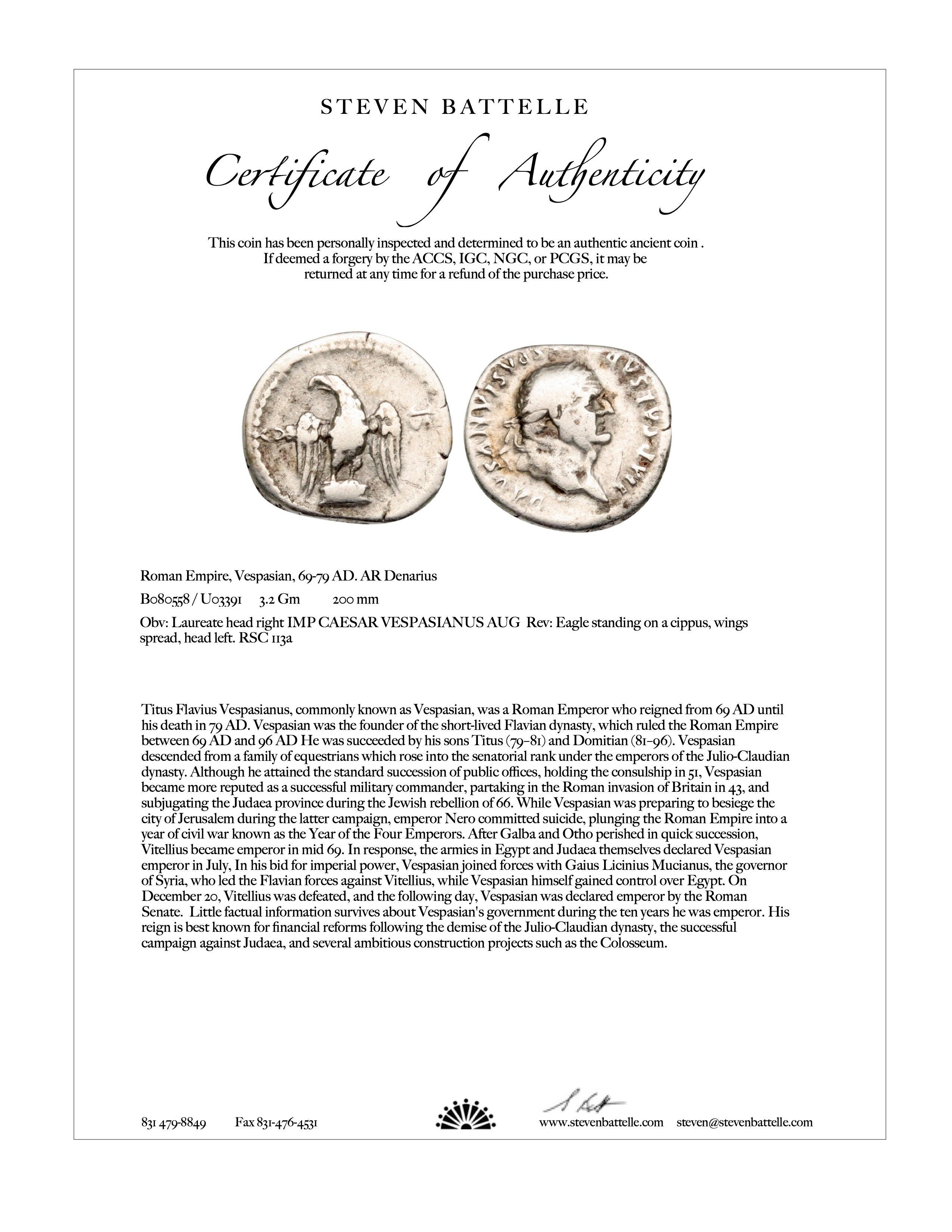 Pendentif en or 18K de l'ancien empereur romain du premier siècle Vespasien avec une pièce d'aigle en vente 5