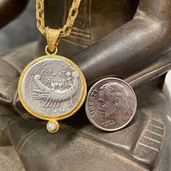 Ancient Roman Galley Coin 2nd Century BC Diamonds 18K Gold Pendant