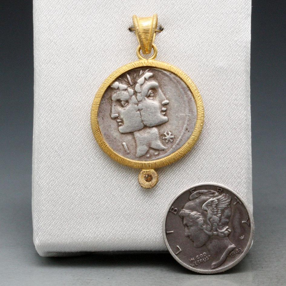 Rose Cut Ancient Roman Galley Coin 2nd Century BC Diamonds 18K Gold Pendant