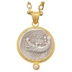 Ancient Roman Galley Coin 2nd Century BC Diamonds 18K Gold Pendant