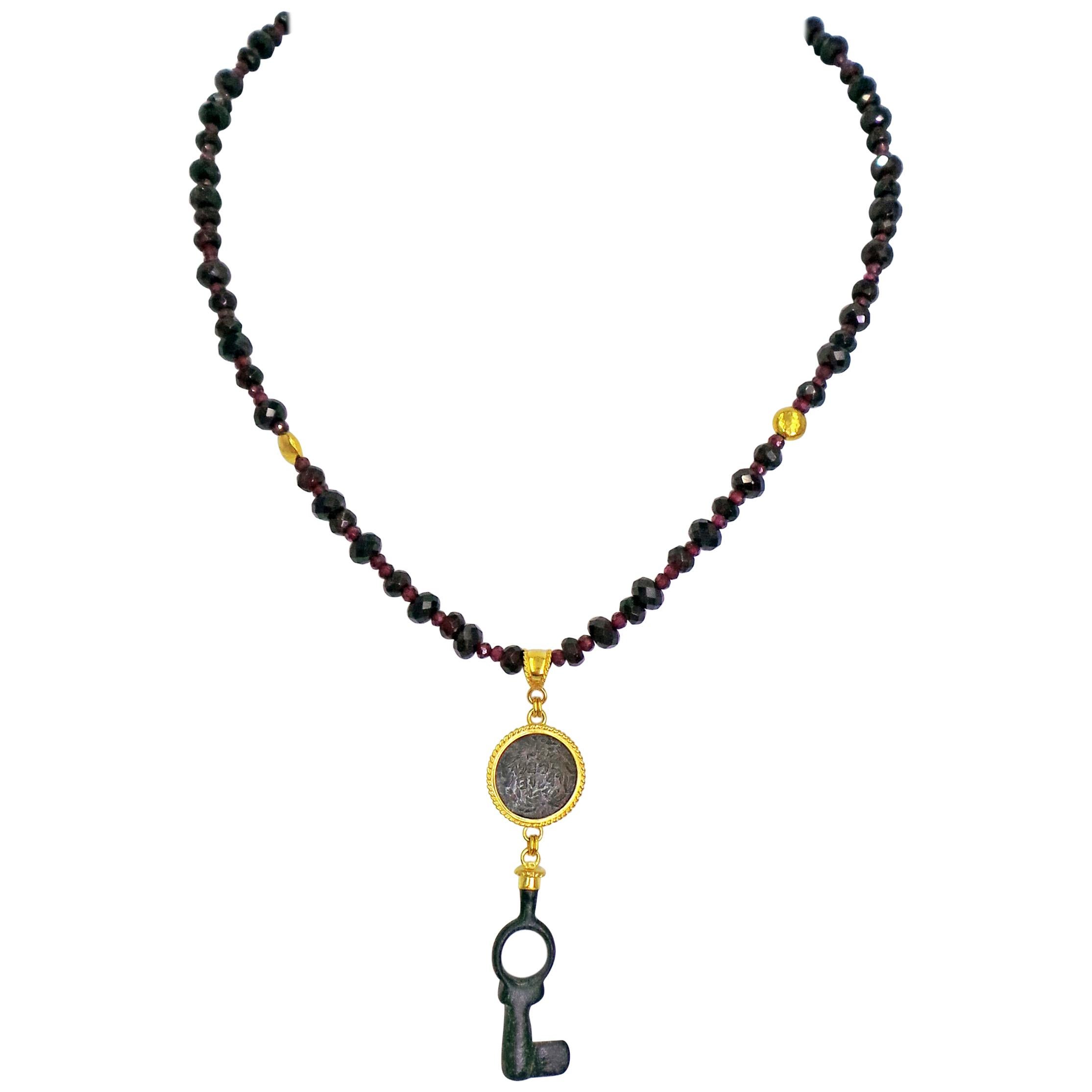 Ancient Roman Glass and Bronze Key 22 Karat Gold Garnet Beaded Pendant Necklace