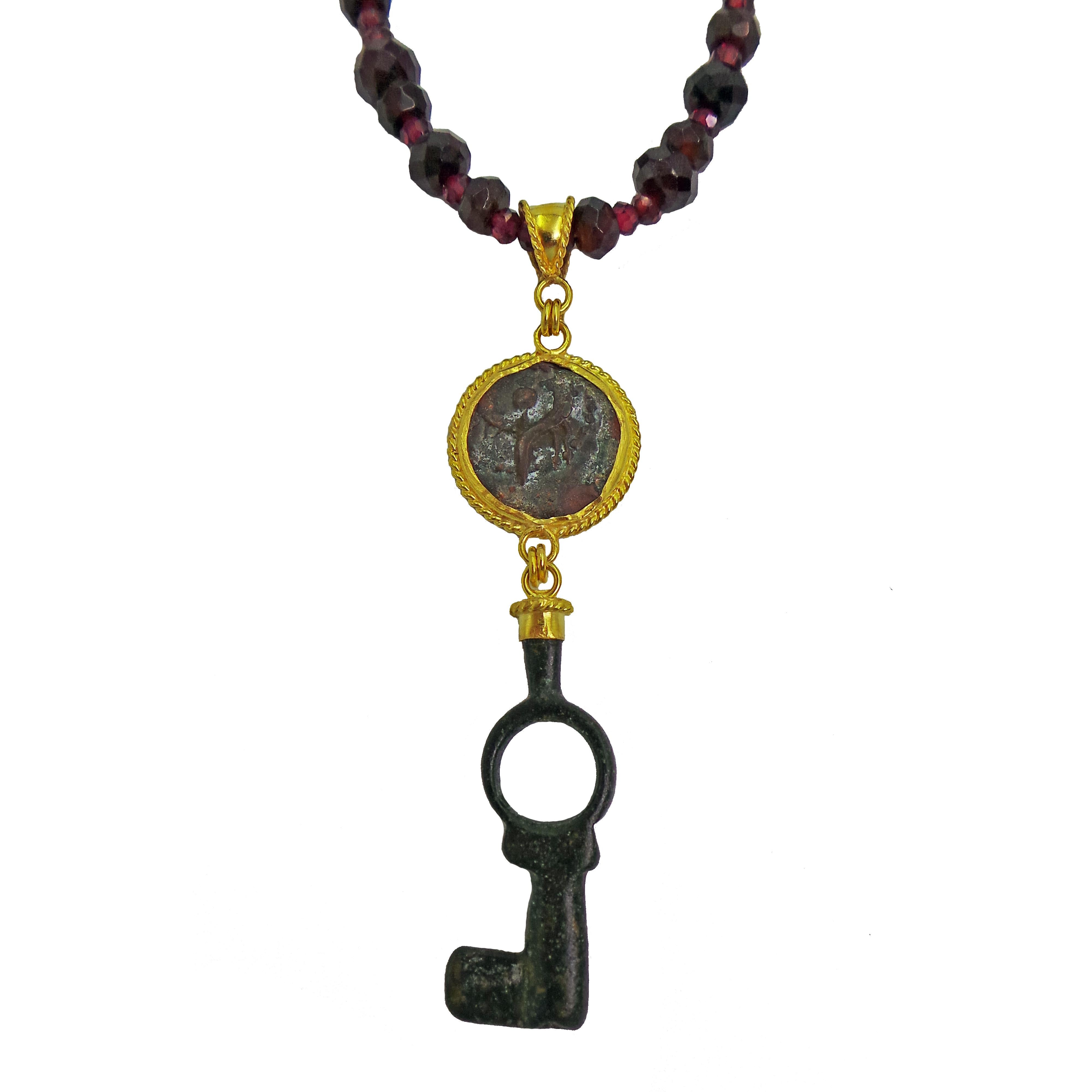 Contemporary Ancient Roman Glass and Bronze Key 22 Karat Gold Garnet Beaded Pendant Necklace For Sale