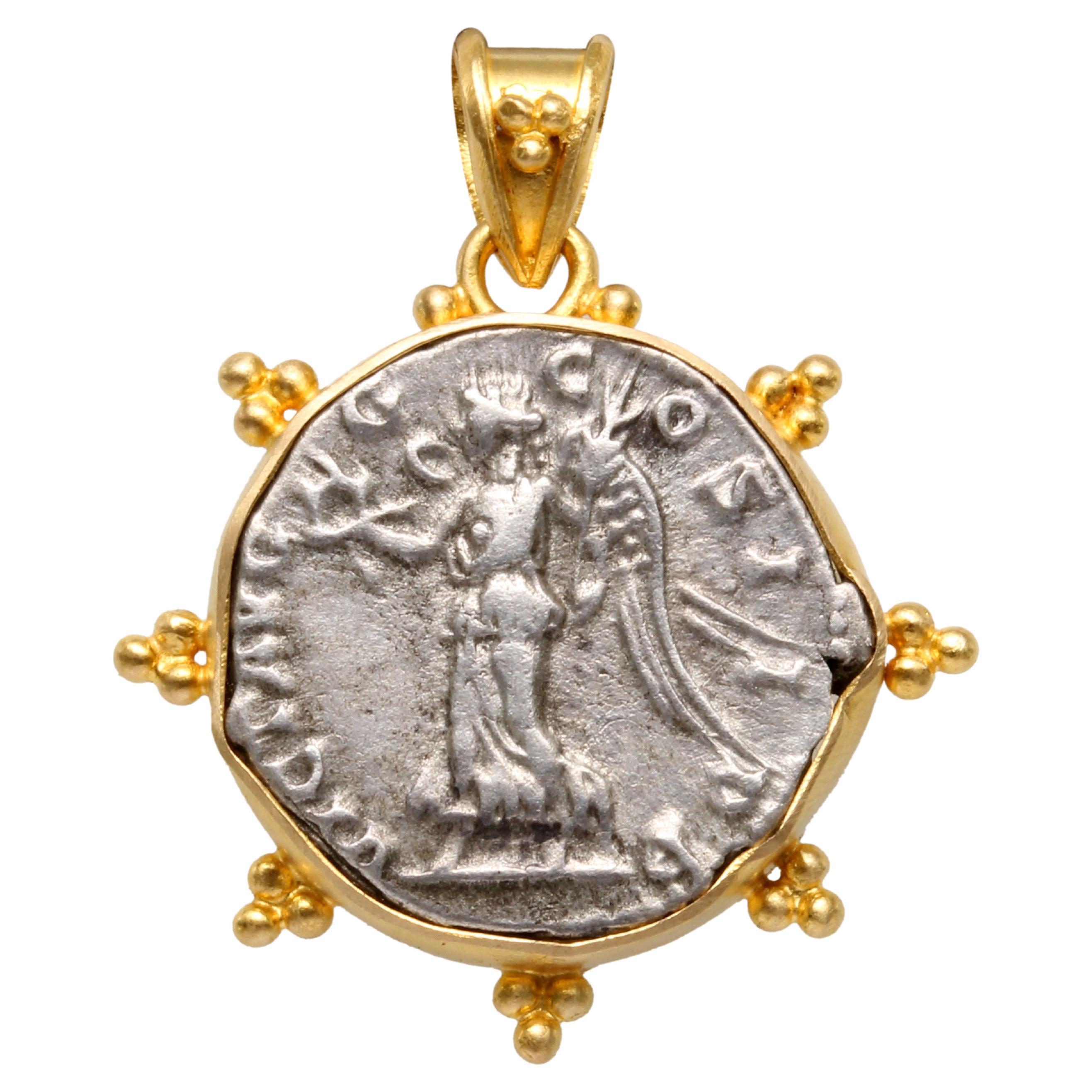 Ancient Roman Goddess Victoria Coin 18K Gold Pendant 