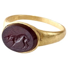 Ancient Roman Gold and Carnelian Intaglio Ring, Depicting a Hound