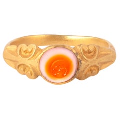 Ancient Roman Gold Banded Agate Intaglio Ring of a Hare and Shell