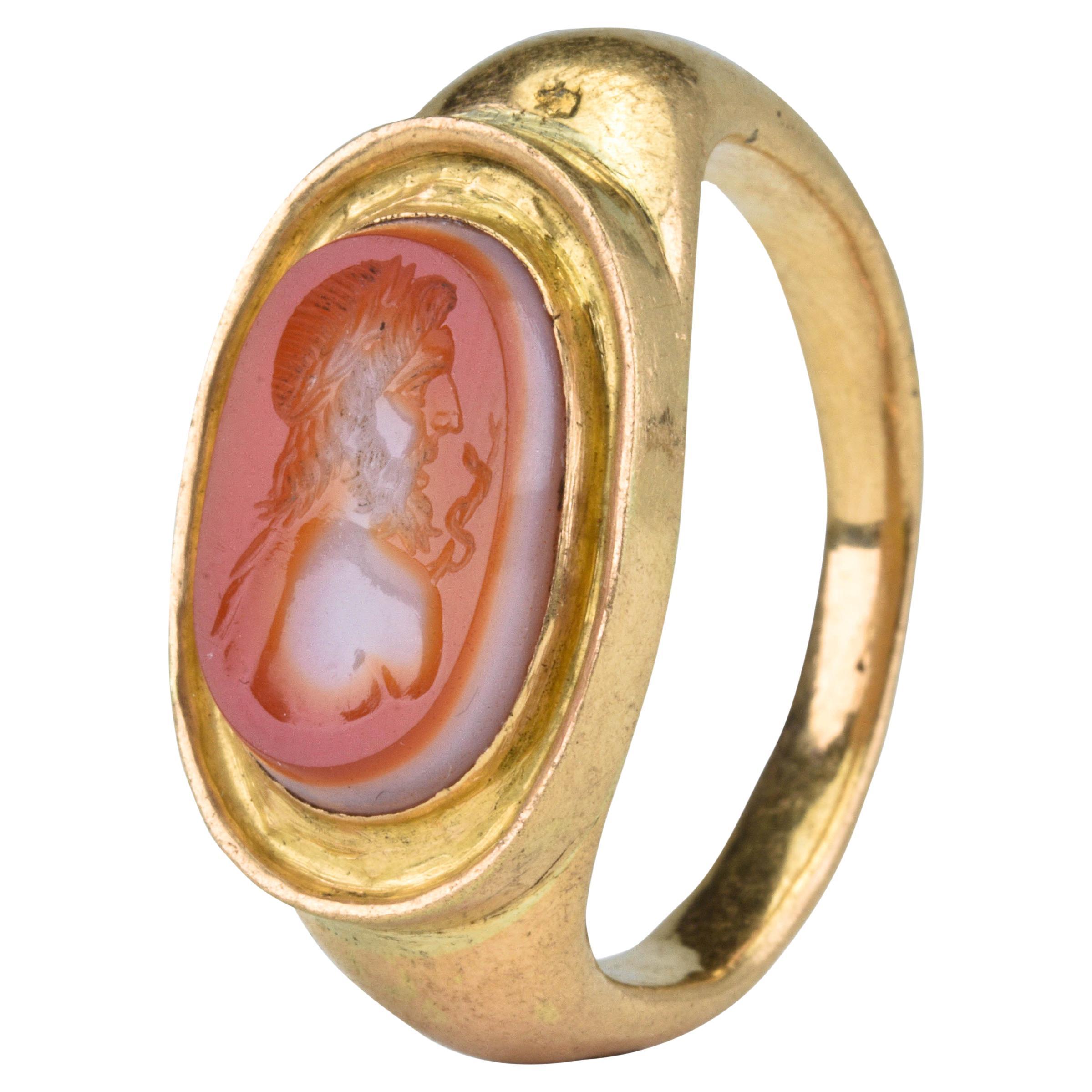 Ancient Roman Gold Intaglio Signet Ring with Asclepius For Sale at 1stDibs