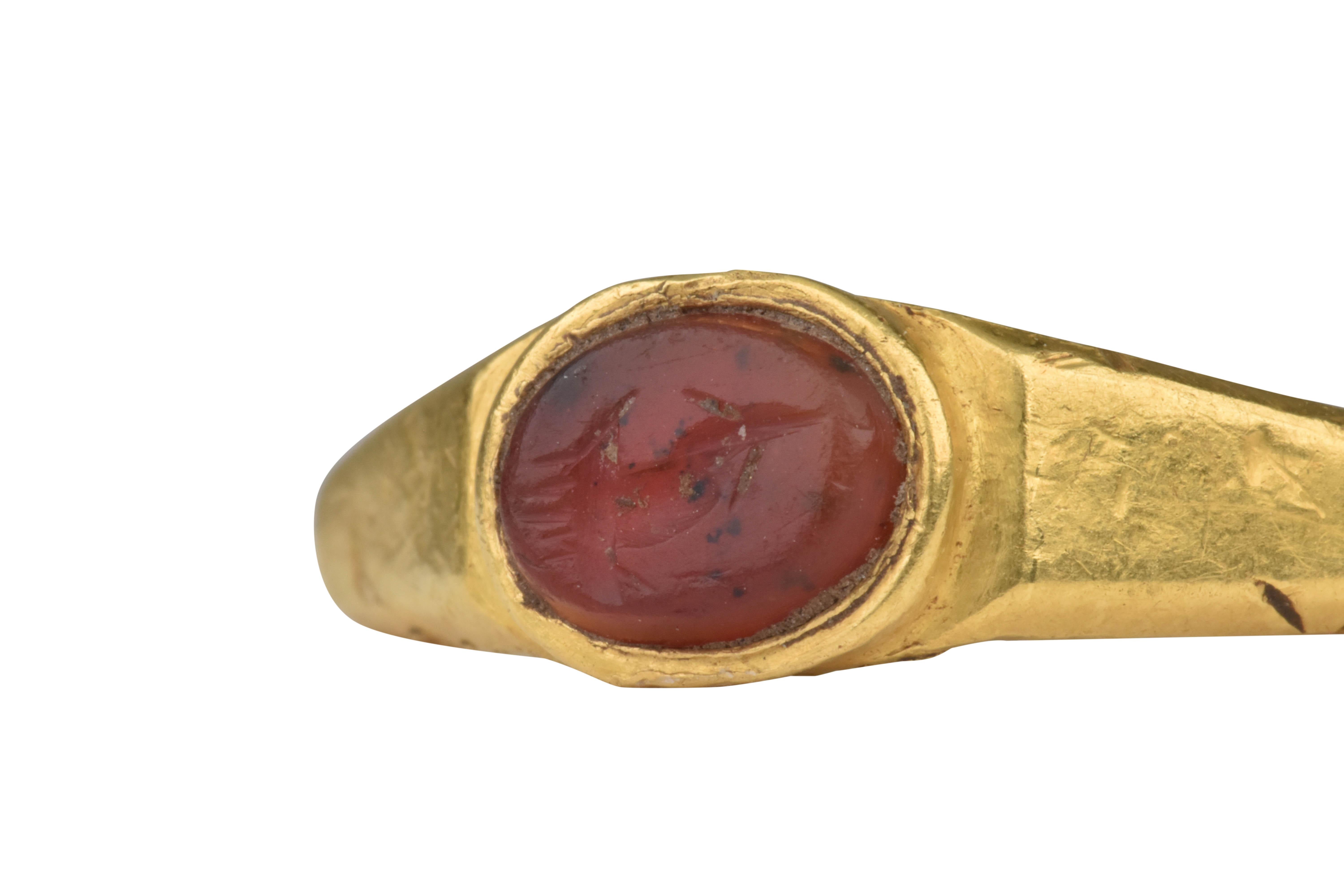 Classical Roman Ancient Roman Gold Intaglio Signet Ring with Cornucopia, Horn of Plenty