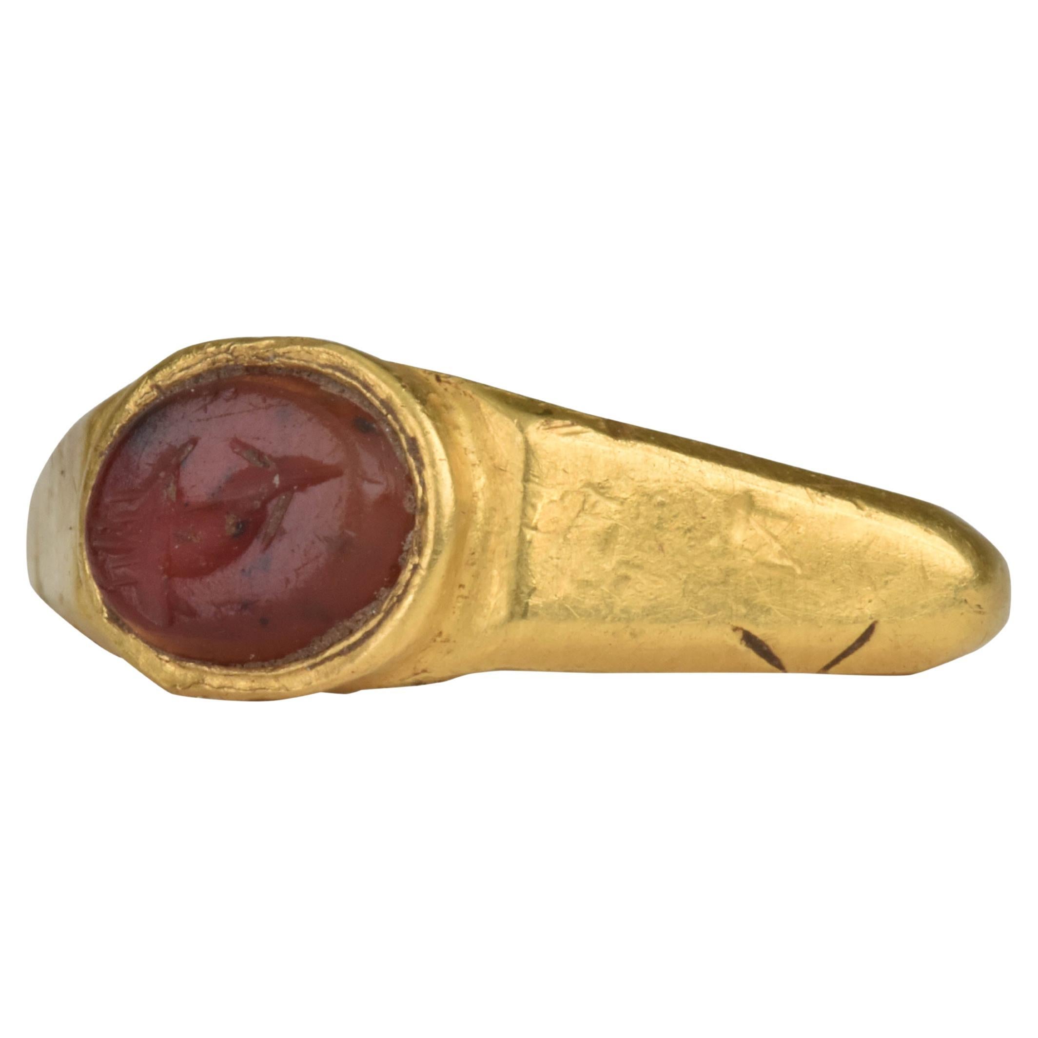 Ancient Roman Gold Intaglio Signet Ring with Cornucopia, Horn of Plenty