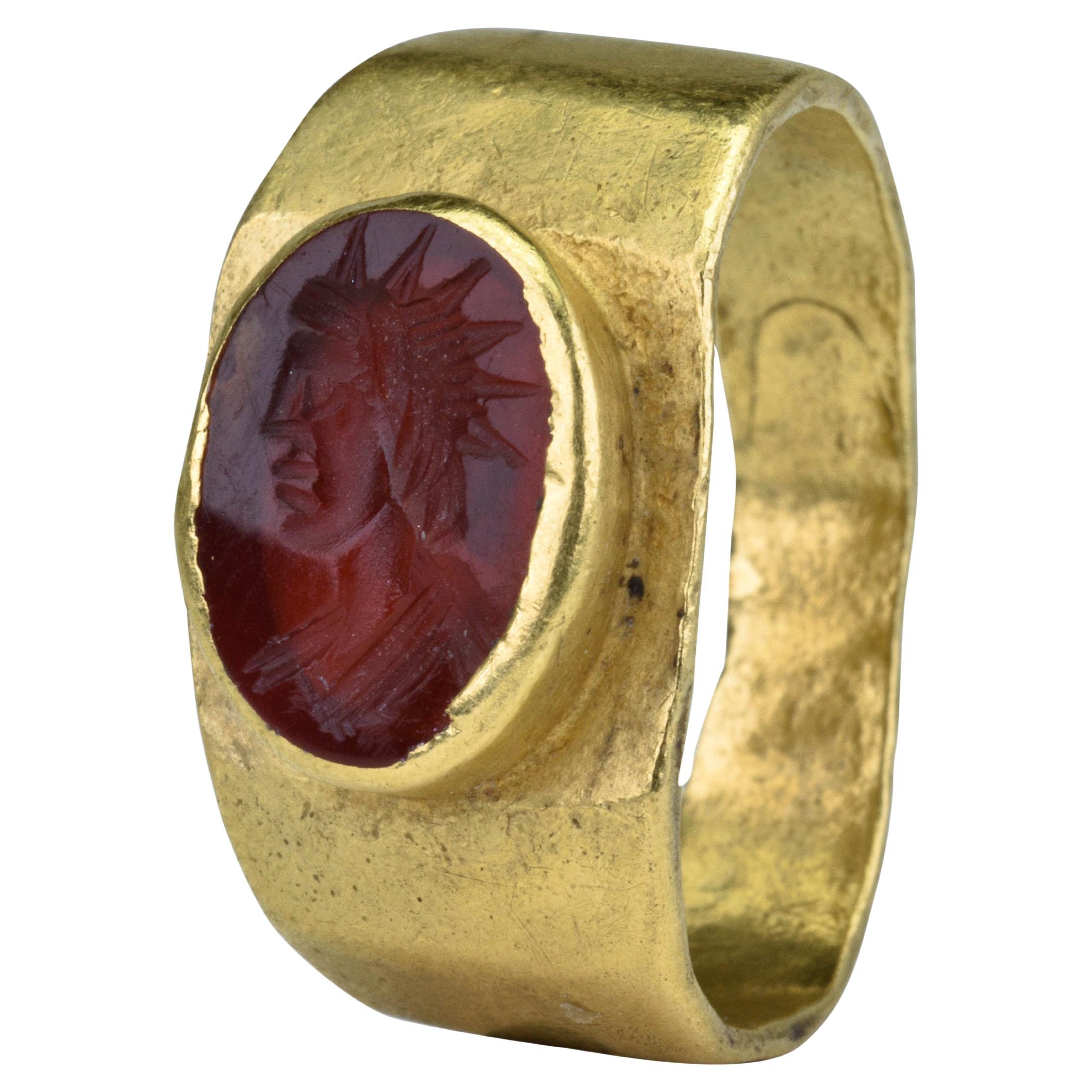 Ancient Roman Gold Intaglio Signet Ring with Sol Invictus