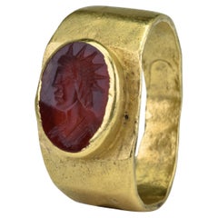 Antique Ancient Roman Gold Intaglio Signet Ring with Sol Invictus