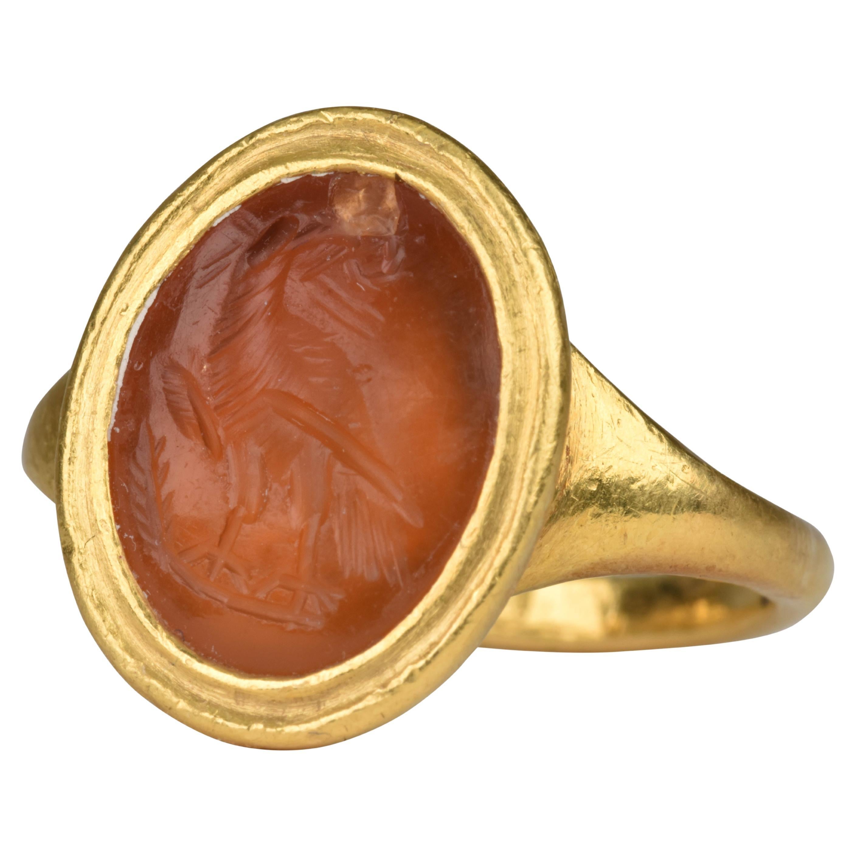 Ancient Roman Gold Legionary Signet Ring with an Eagle Carnelian Intaglio