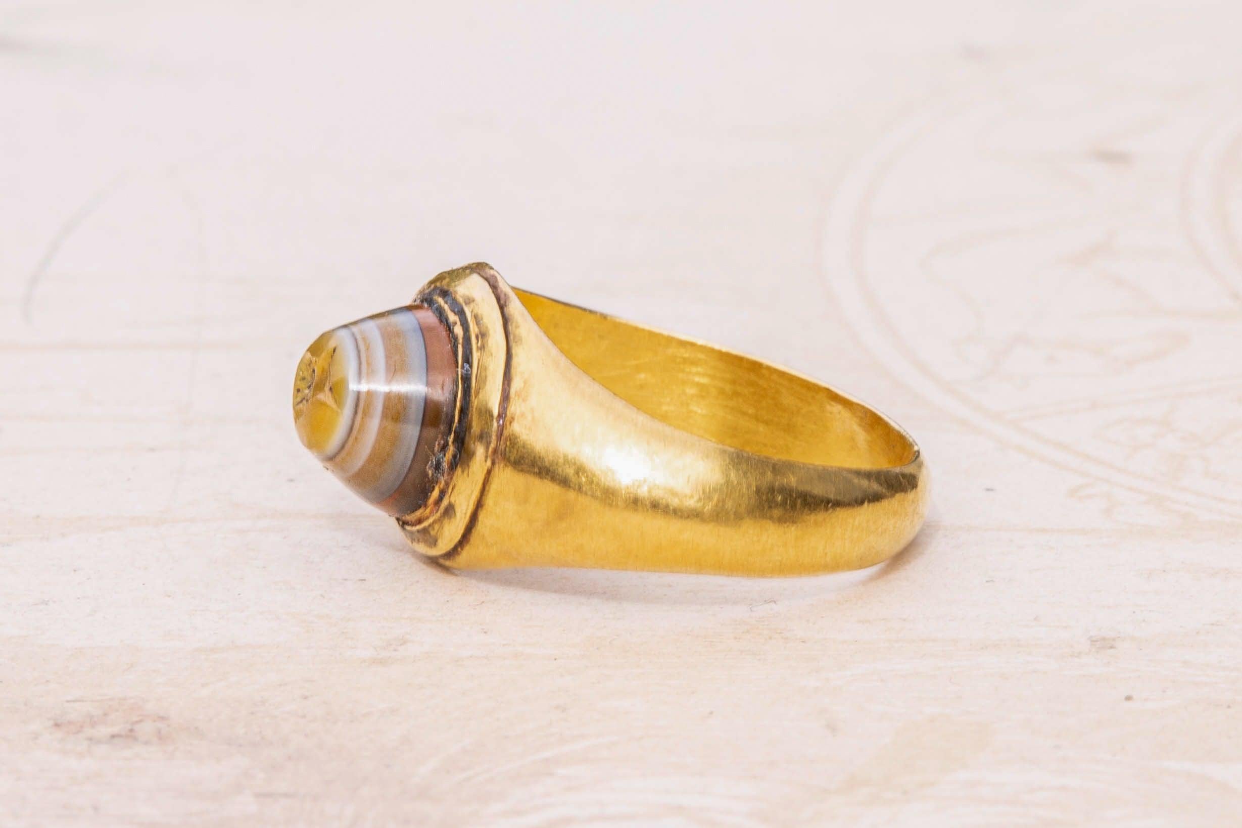 Cabochon Ancient Roman Gold Mens Signet Ring Conical Intaglio Ring Gem Carving For Sale