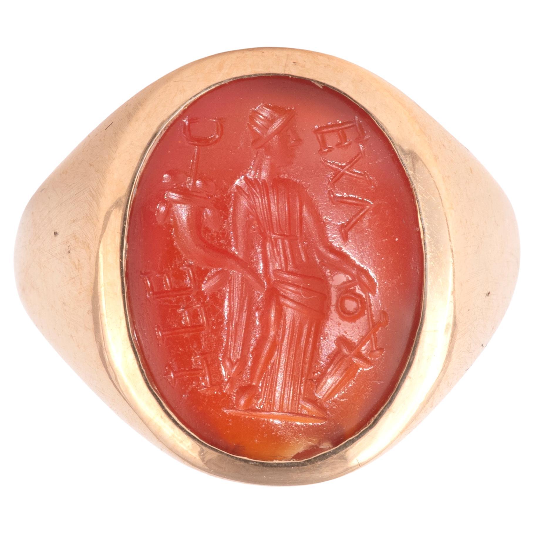 Uncut Ancient Roman Gold Ring with Carnelian Intaglio of Fortuna 1st – 3rd Century AD For Sale