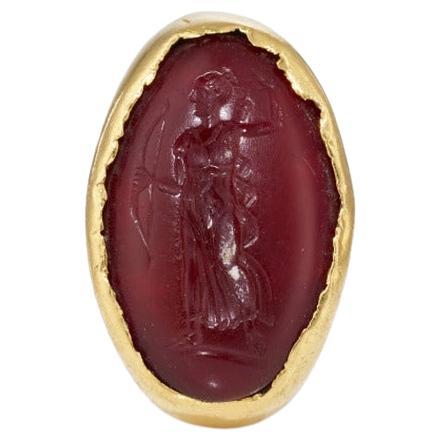 Ancient Roman Gold Ring with Diana Intaglio 2rd Century AD