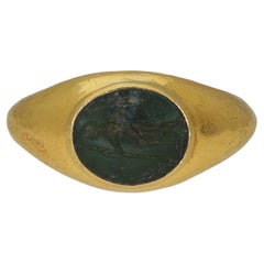 Antique Ancient Roman Gold Ring with Minerva Intaglio, 3rd-4th Century AD