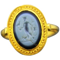 Antique Ancient Roman Gold Ring with Nicolo Intaglio of Venatores, 1st-3rd Century Ad