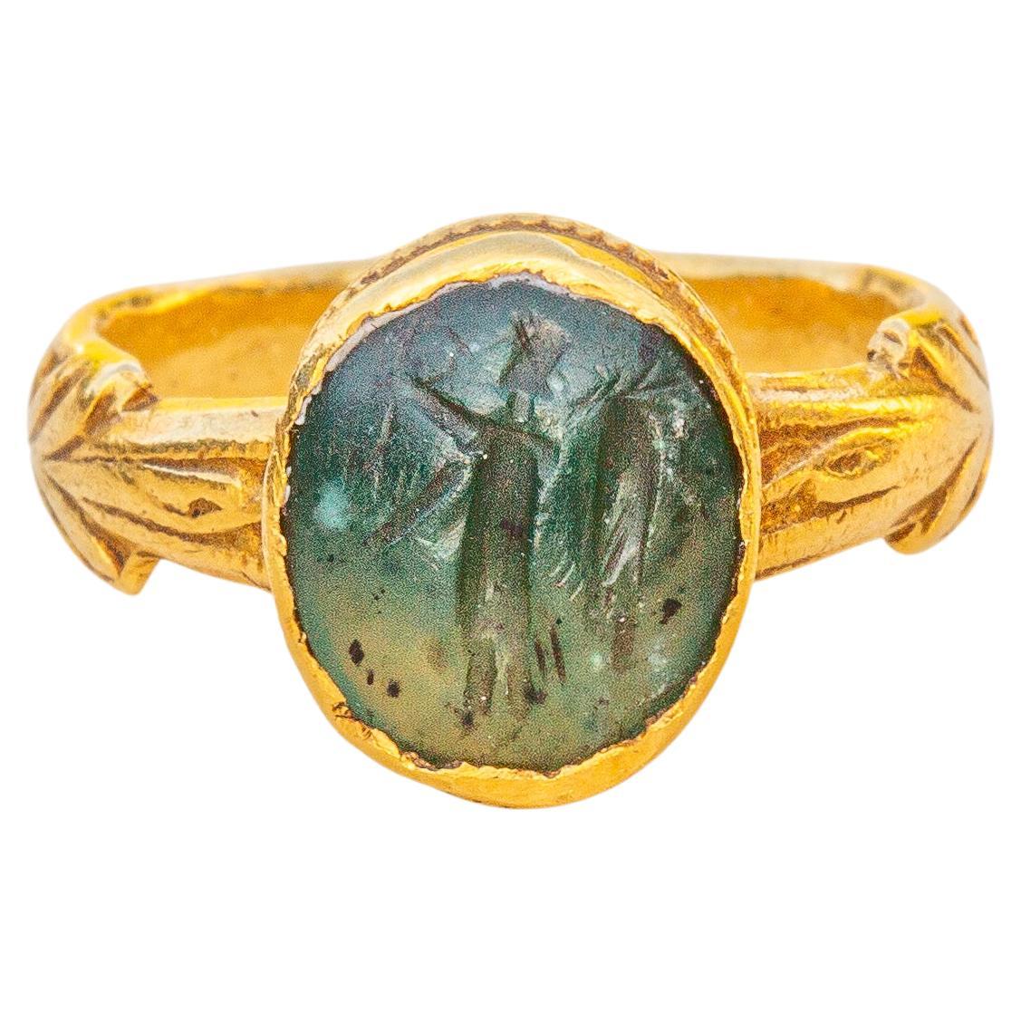 Ancient Roman Green Chalcedony Plasma Intaglio Ring of Goddess Victoria Nike  For Sale