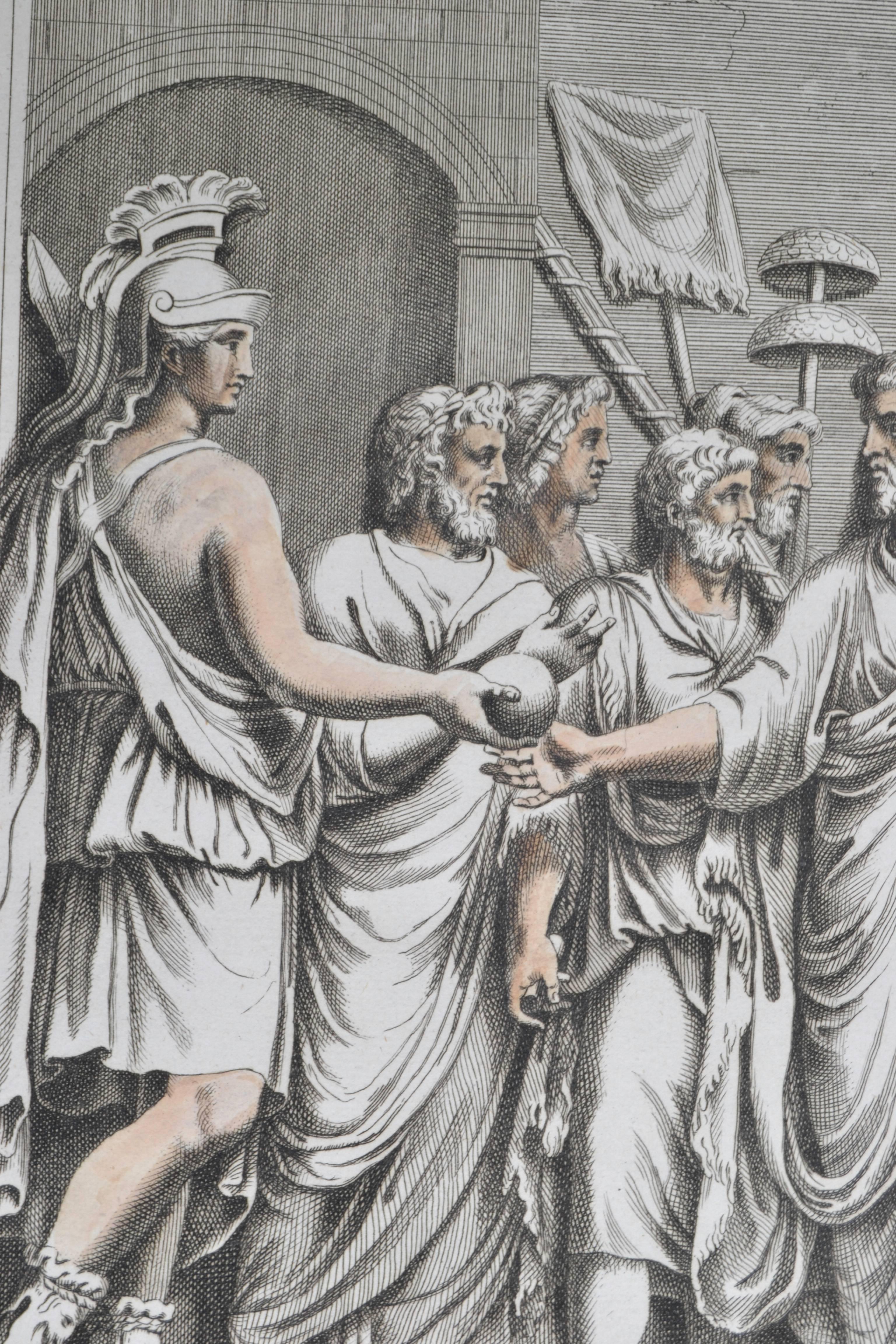 18th century color copperplate engraving of Ancient Roman Habits / From L'antiquité expliquée et représentée en figures by Bernard de Montfaucon
In a white mat and ready to frame.
 