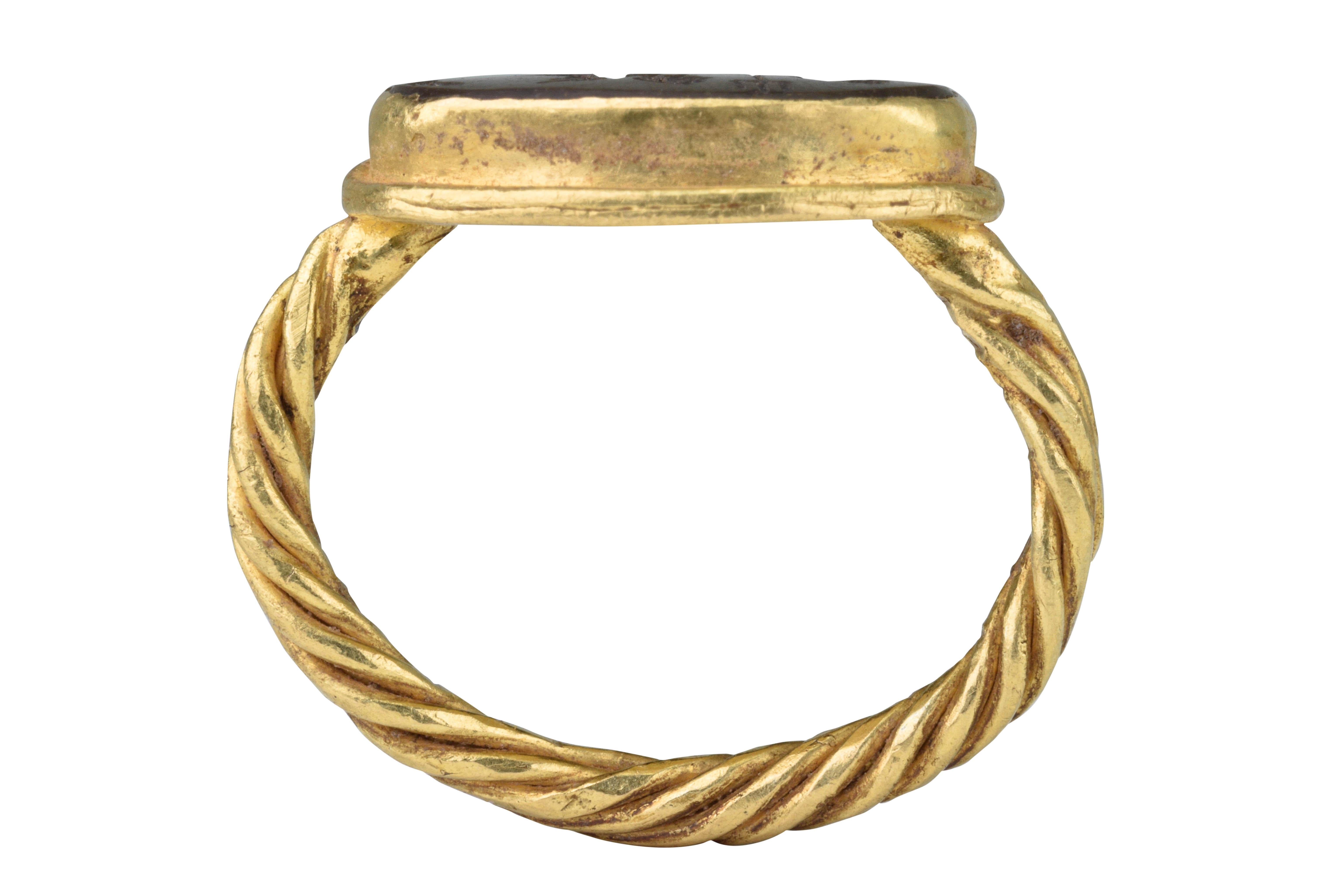 Ancient Roman Intaglio of Winged God in a Boat in Later Gold Signet ...